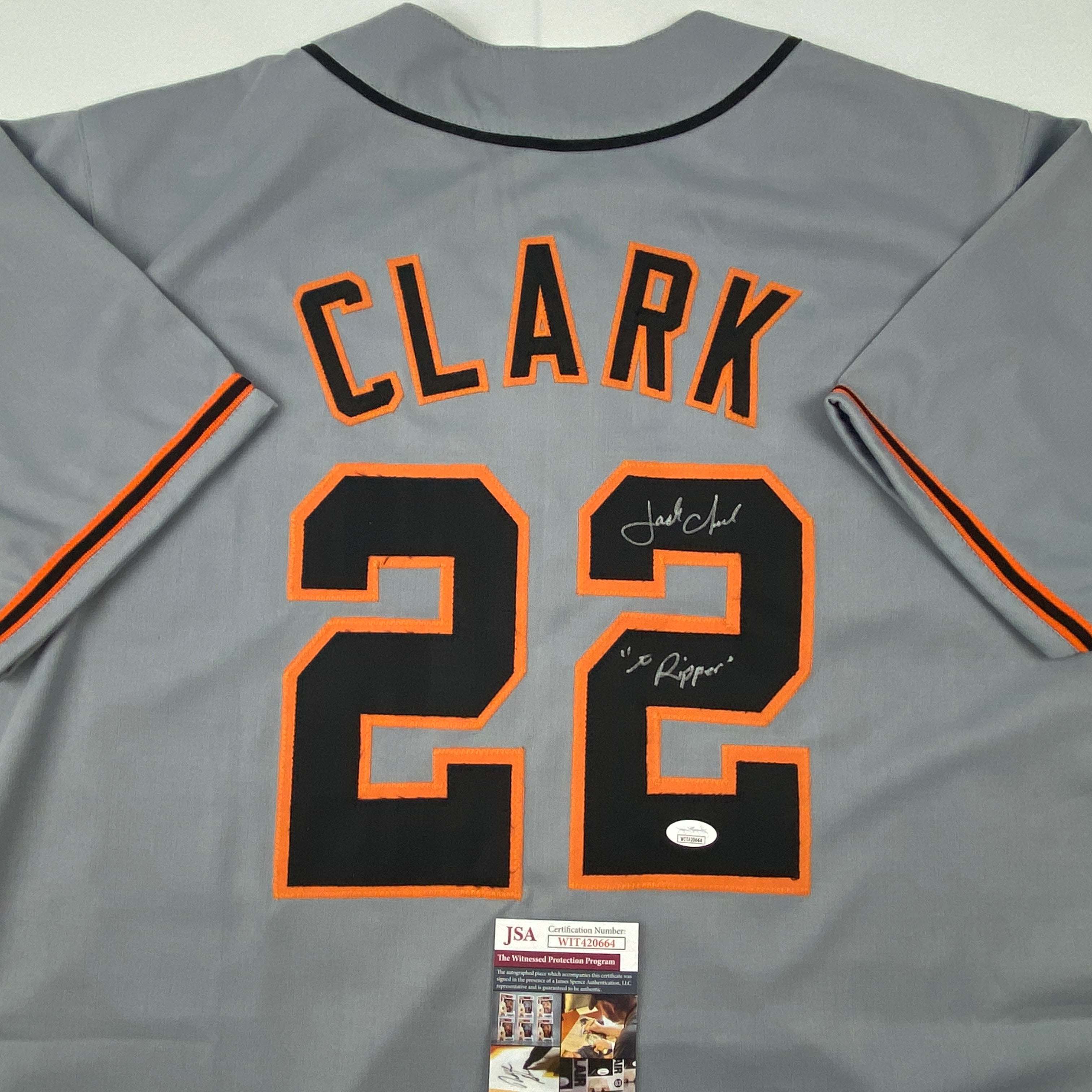 autographed-signed-jack-clark-the-ripper-san-francisco-grey-baseball-jersey-jsa-coa