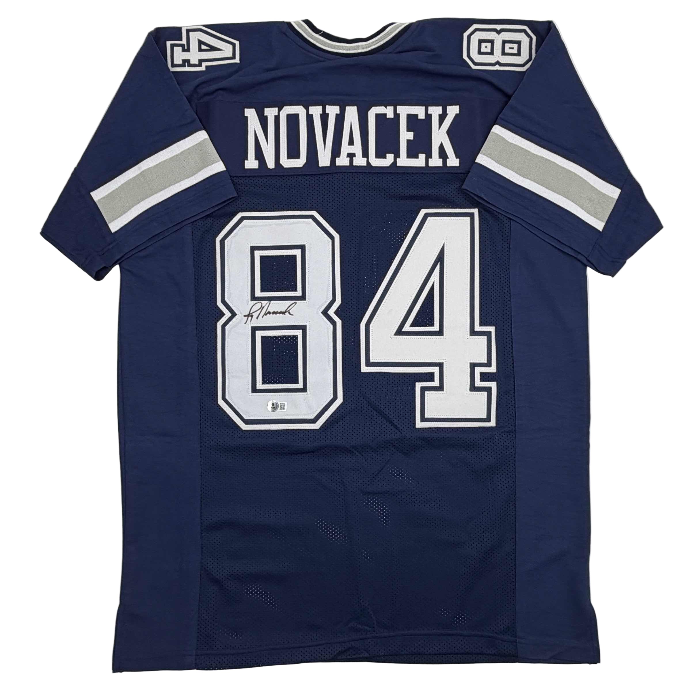 autographed-signed-jay-novacek-dallas-dark-blue-football-jersey-beckett-bas-coa
