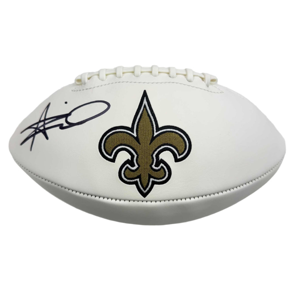 autographed-signed-alvin-kamara-new-orleans-saints-fs-white-panel-logo-football-beckett-bas-coa