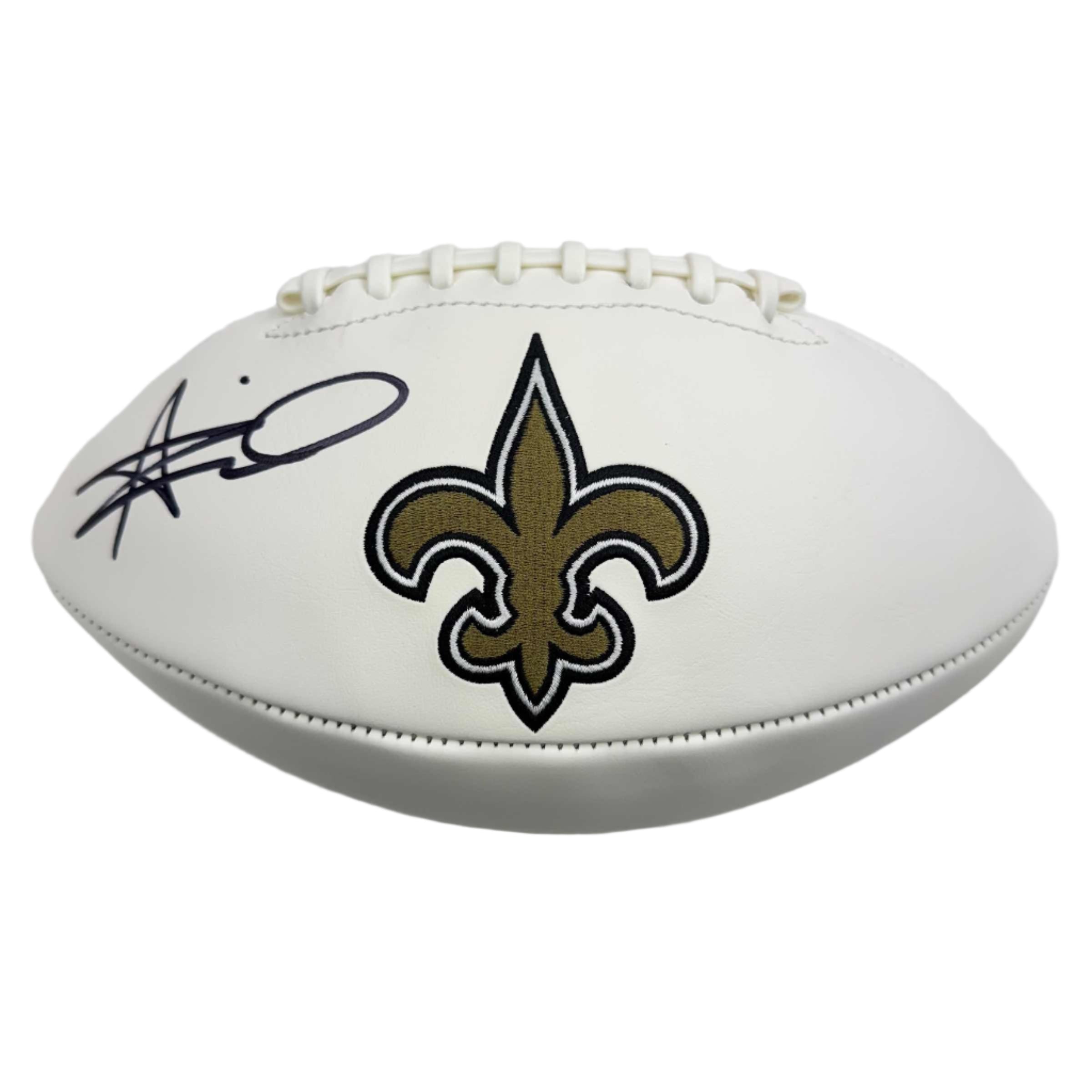 autographed-signed-alvin-kamara-new-orleans-saints-fs-white-panel-logo-football-beckett-bas-coa