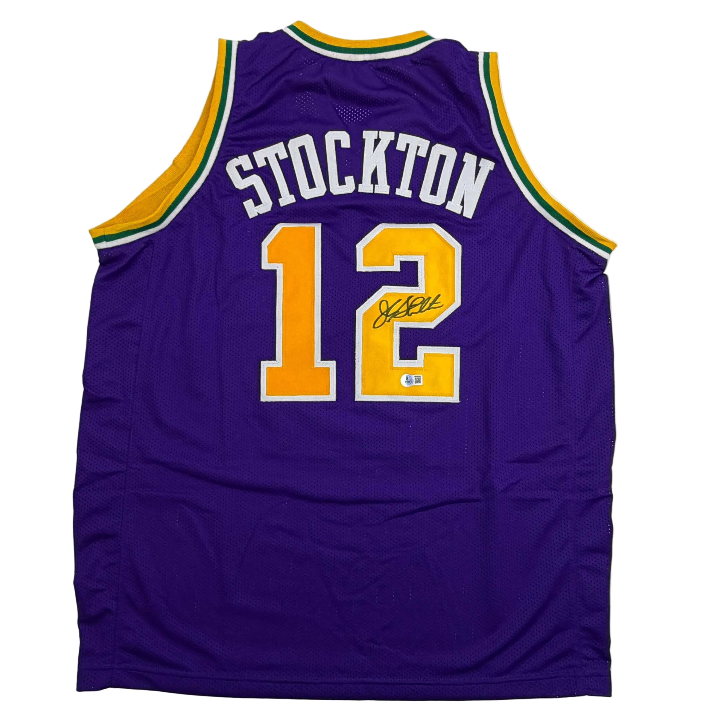 autographed-signed-john-stockton-utah-purple-basketball-jersey-beckett-bas-coa