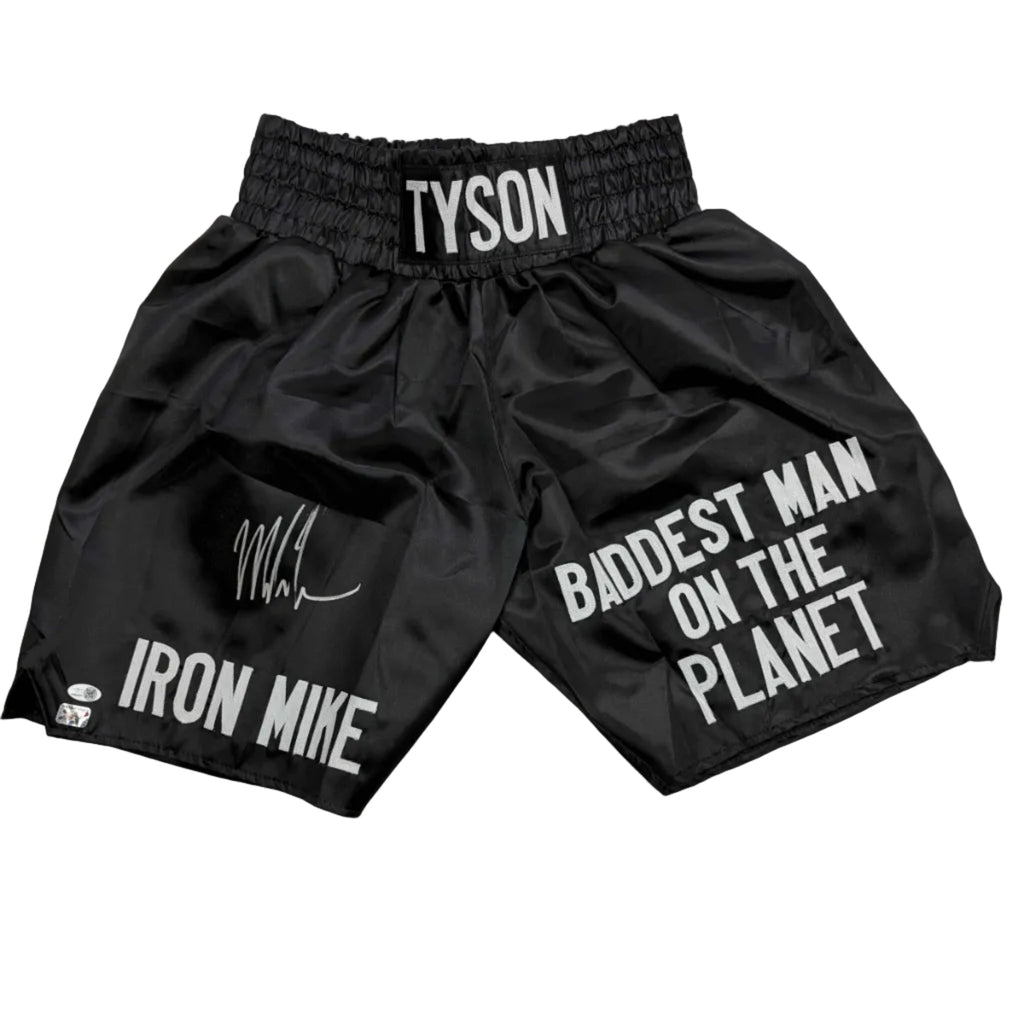 autographed-signed-mike-tyson-iron-mike-baddest-man-on-the-planet-black-boxing-trunks-jsa-coa