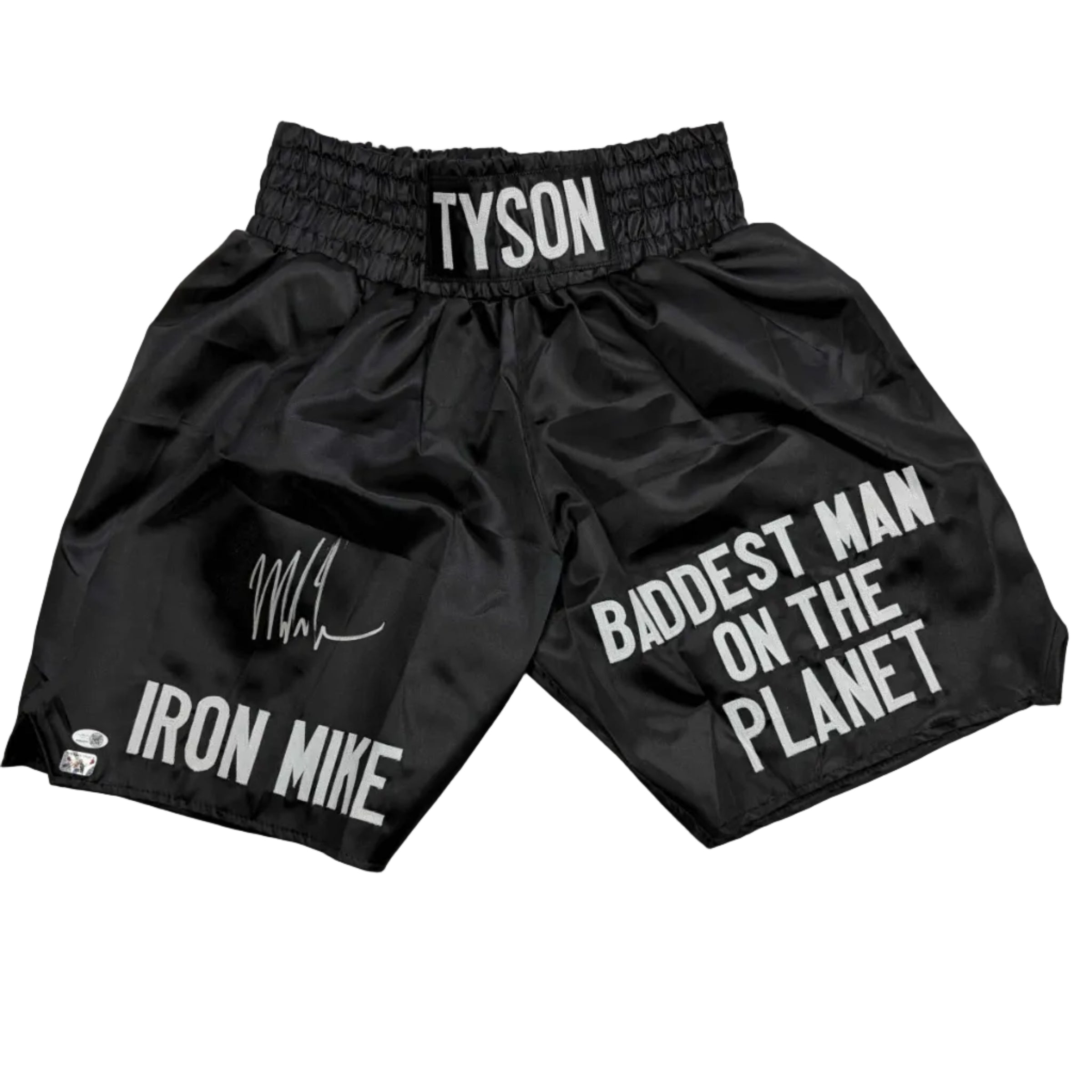 autographed-signed-mike-tyson-iron-mike-baddest-man-on-the-planet-black-boxing-trunks-jsa-coa