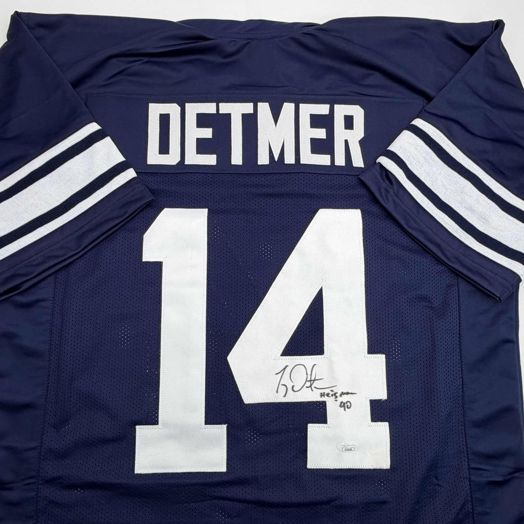 autographed-signed-ty-detmer-heisman-90-brigham-young-byu-blue-college-football-jersey-jsa-coa
