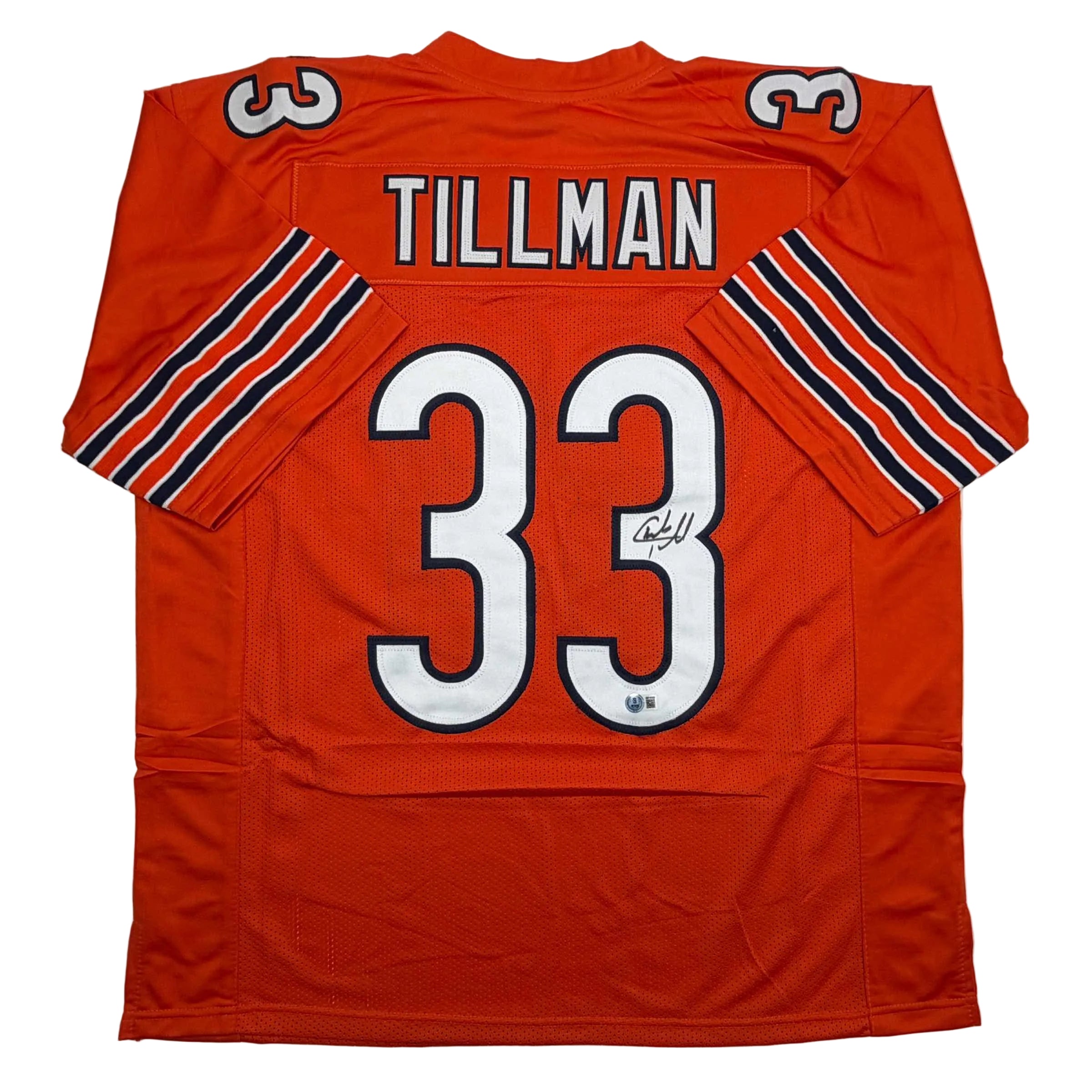 autographed-signed-charles-tillman-peanut-chicago-orange-football-jersey-beckett-bas-coa