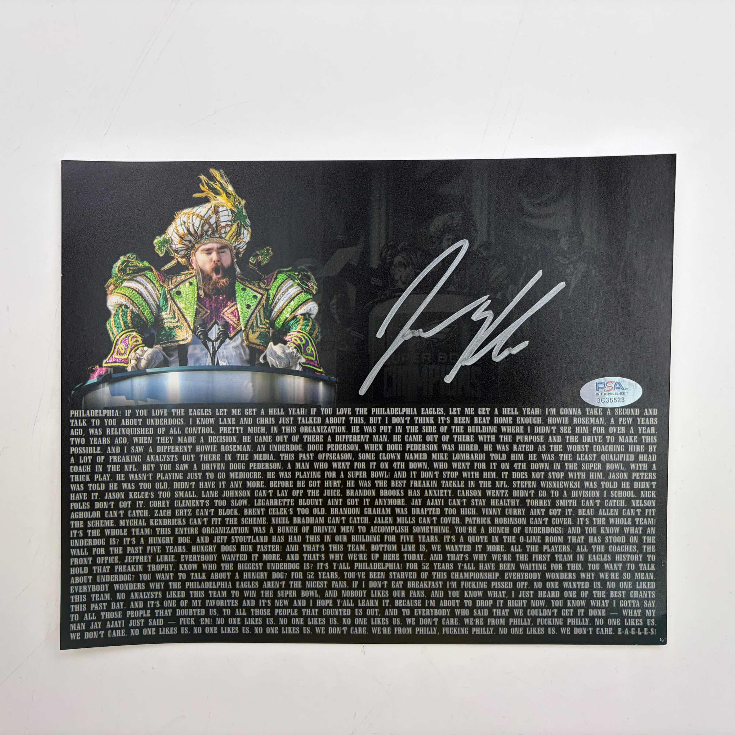 autographed-signed-jason-kelce-super-bowl-parade-speech-transcript-mummers-philadelphia-eagles-8x10-football-photo-psa-dna-coa