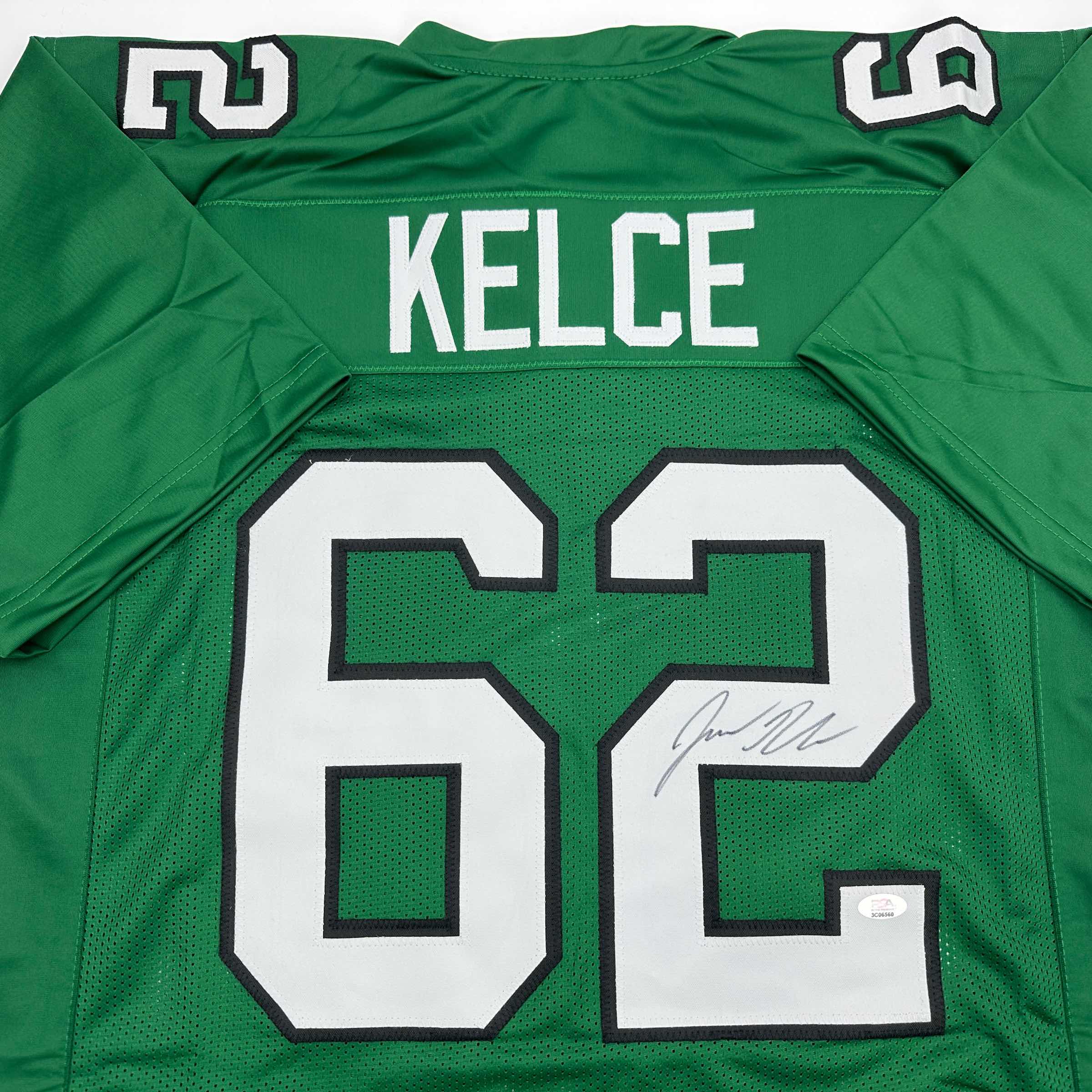 autographed-signed-jason-kelce-philadelphia-kelly-green-football-jersey-psa-dna-coa