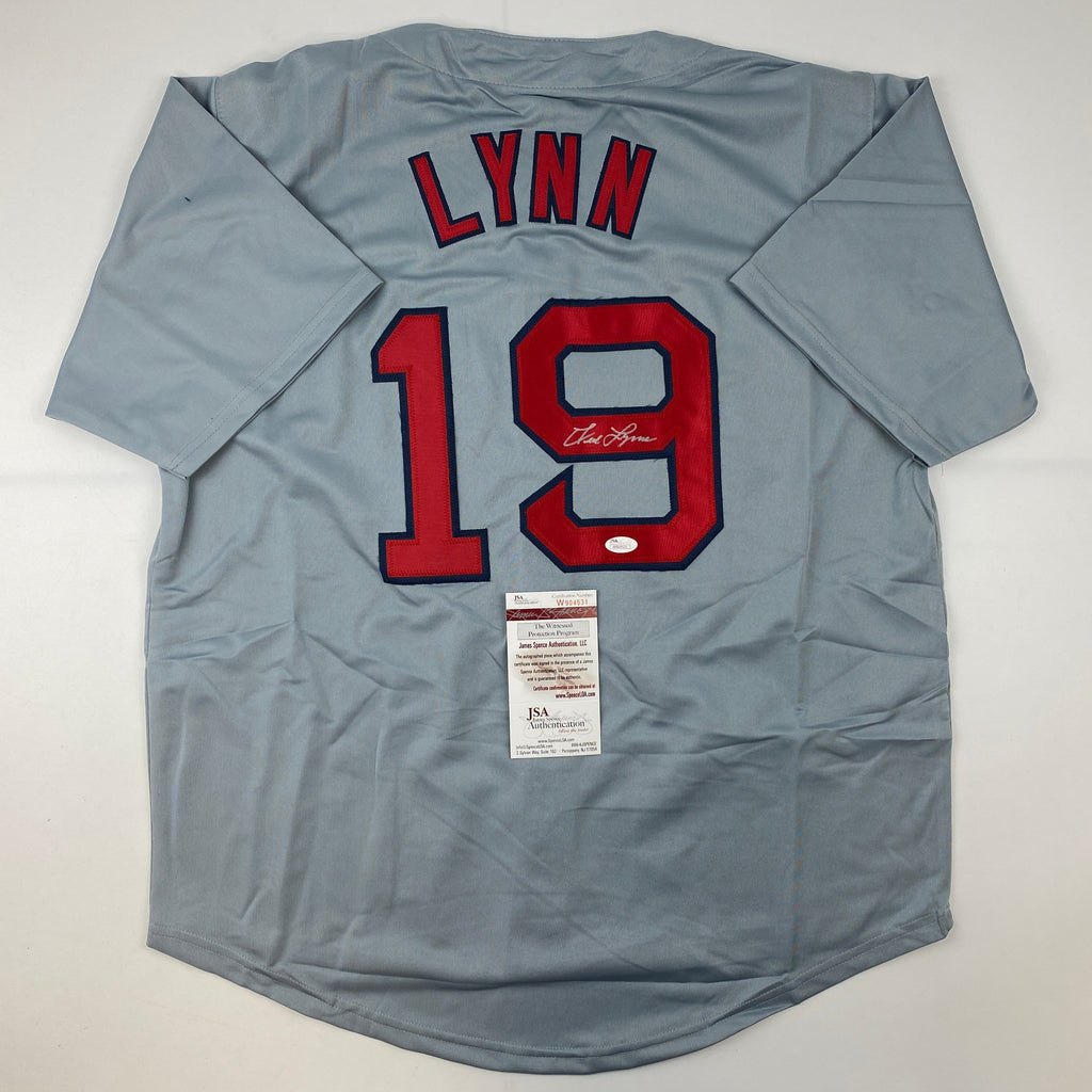 autographed-signed-fred-lynn-boston-grey-baseball-jersey-jsa-coa