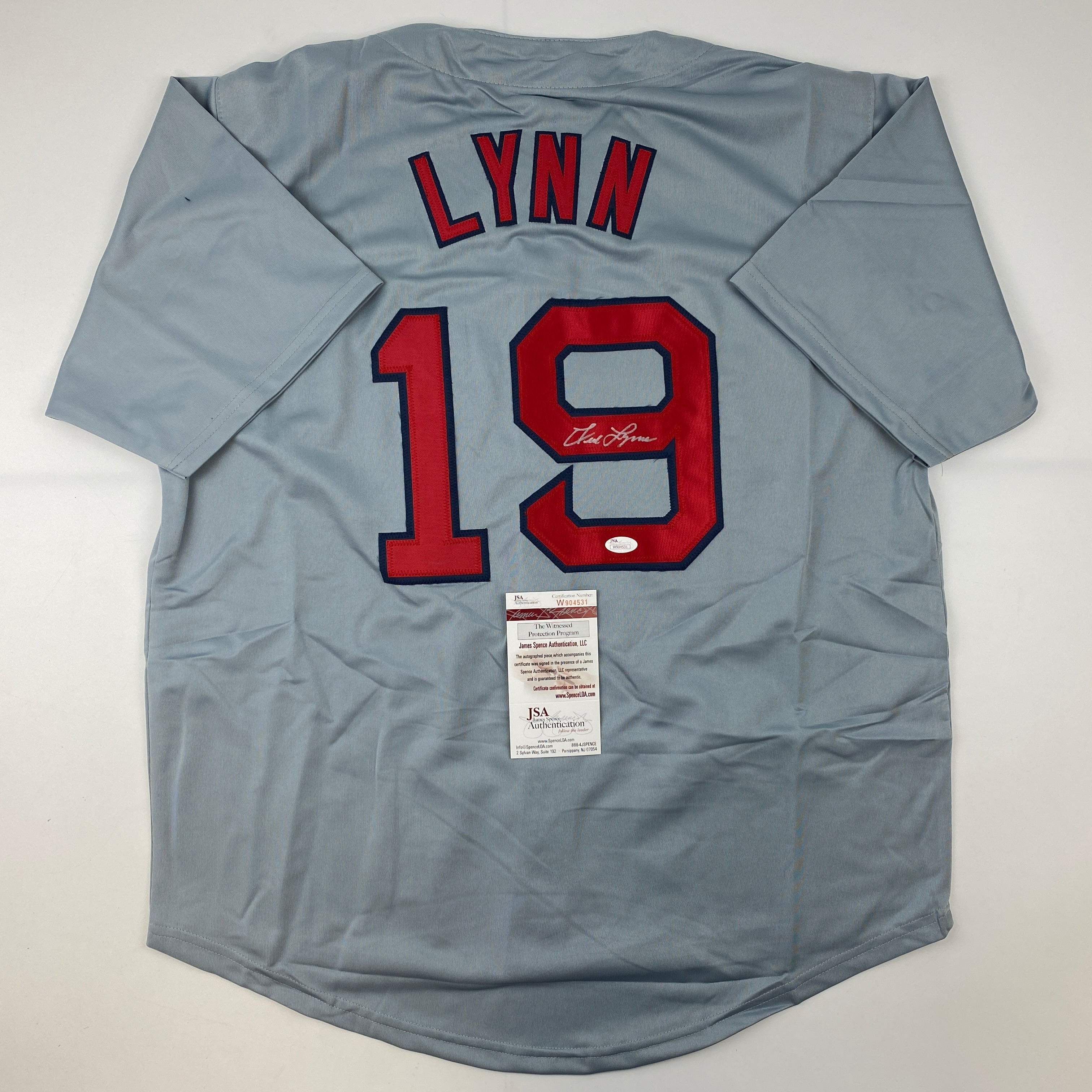 autographed-signed-fred-lynn-boston-grey-baseball-jersey-jsa-coa