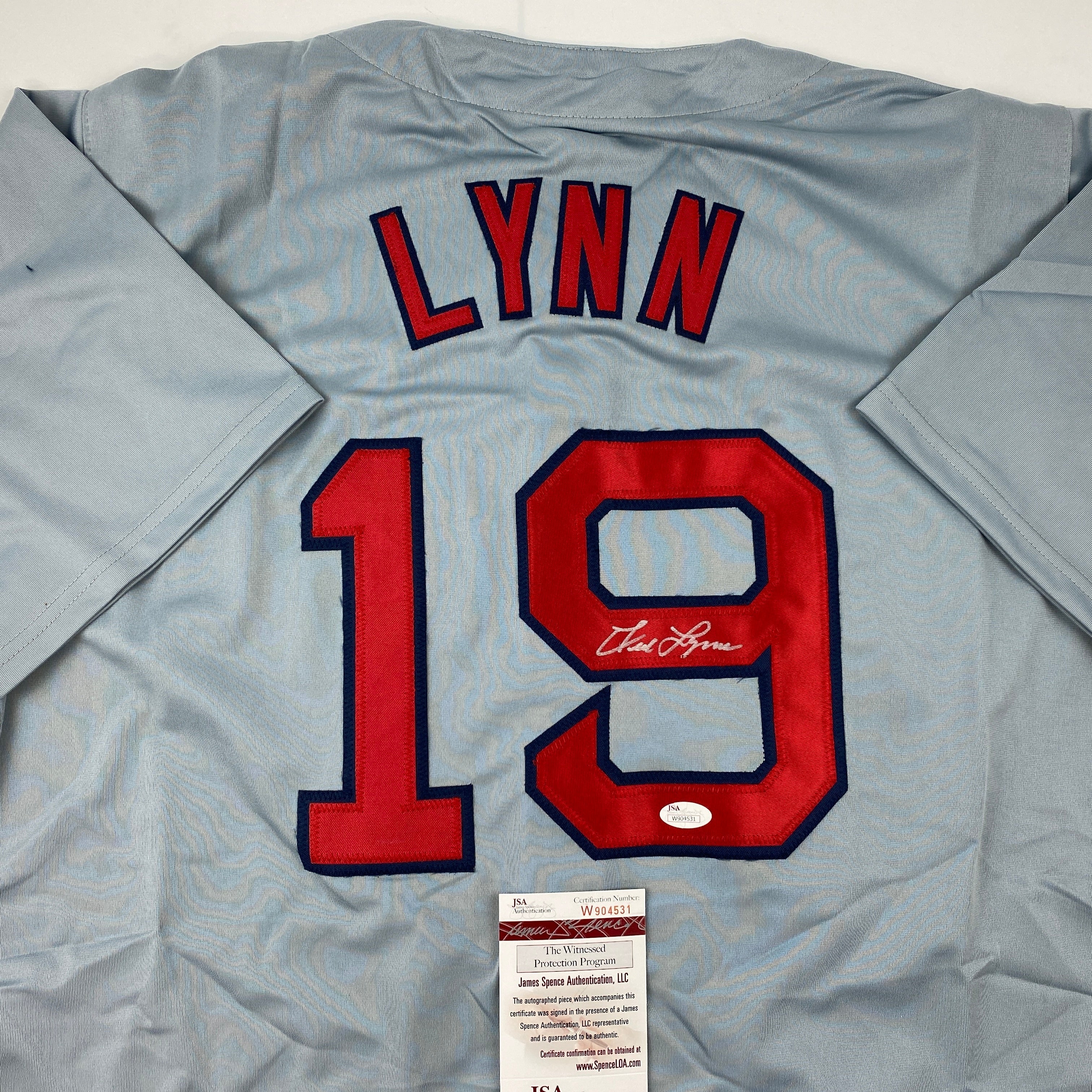 autographed-signed-fred-lynn-boston-grey-baseball-jersey-jsa-coa