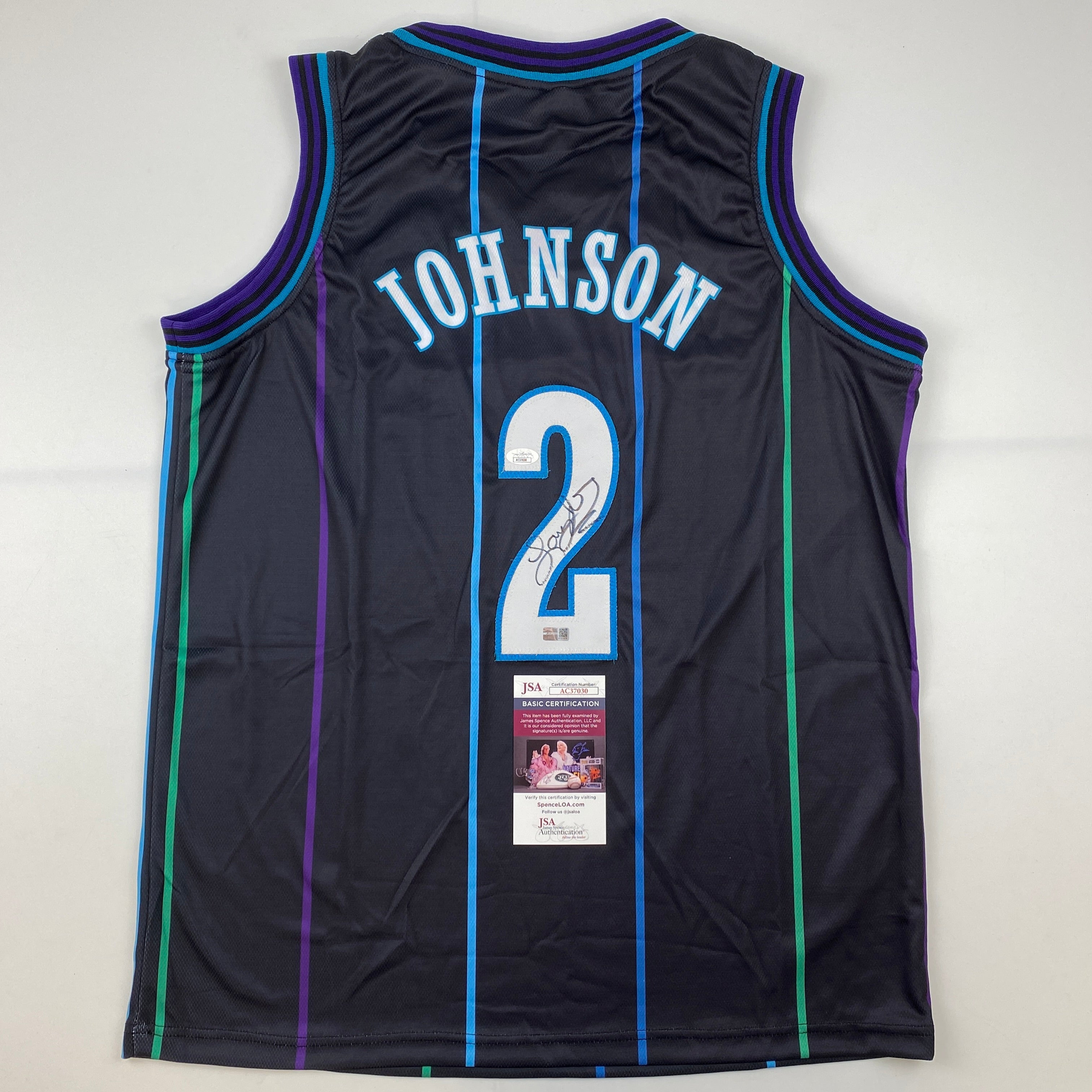 autographed-signed-larry-johnson-charlotte-black-basketball-jersey-jsa-coa