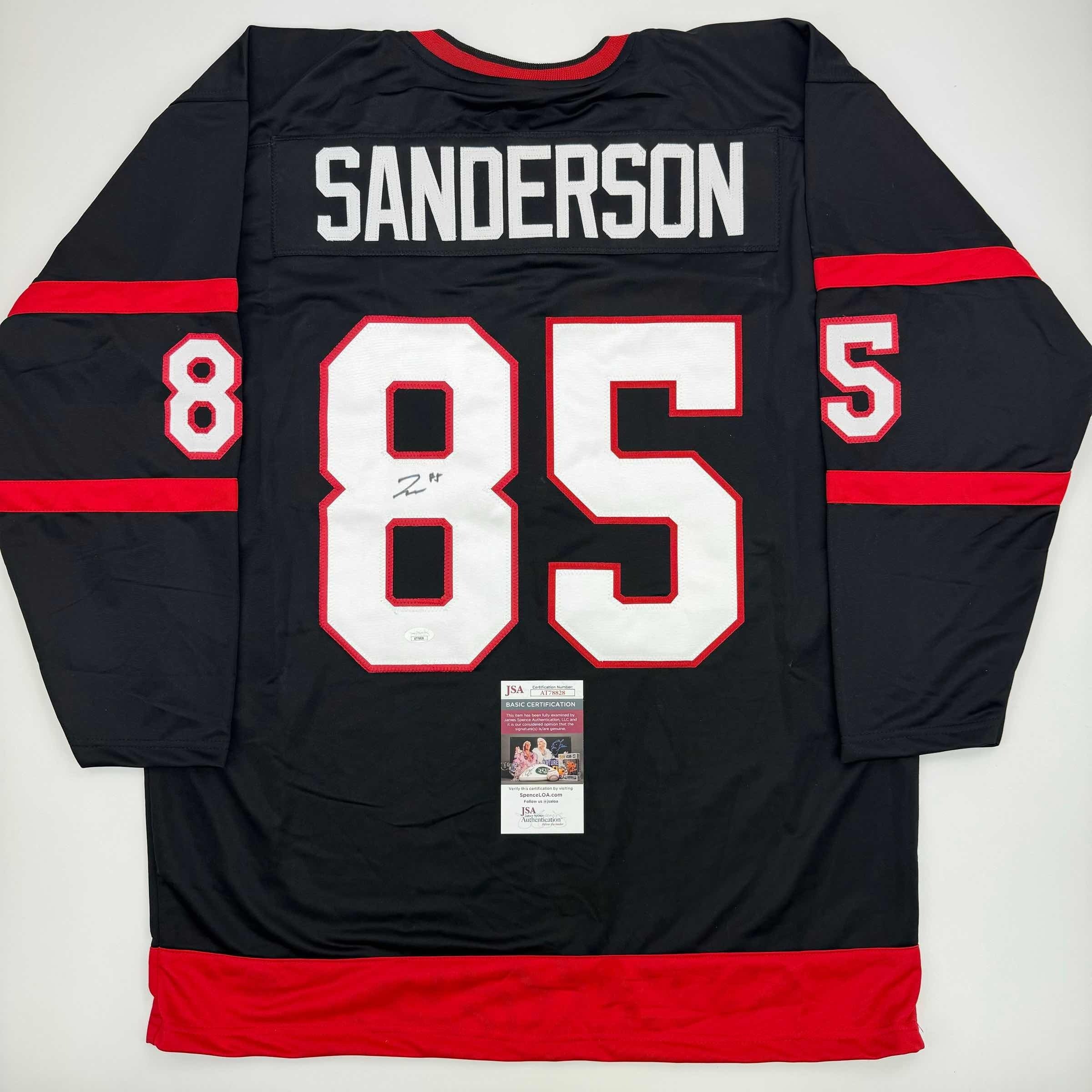 autographed-signed-jake-sanderson-ottawa-black-hockey-jersey-jsa-coa