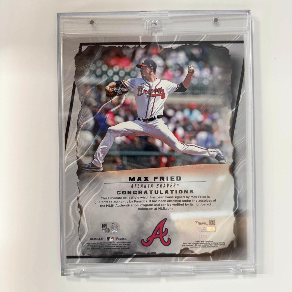 autographed-signed-2024-under-wraps-emanate-max-fried-atlanta-braves-orange-25-8x10-baseball-card-photo-fanatics-coa