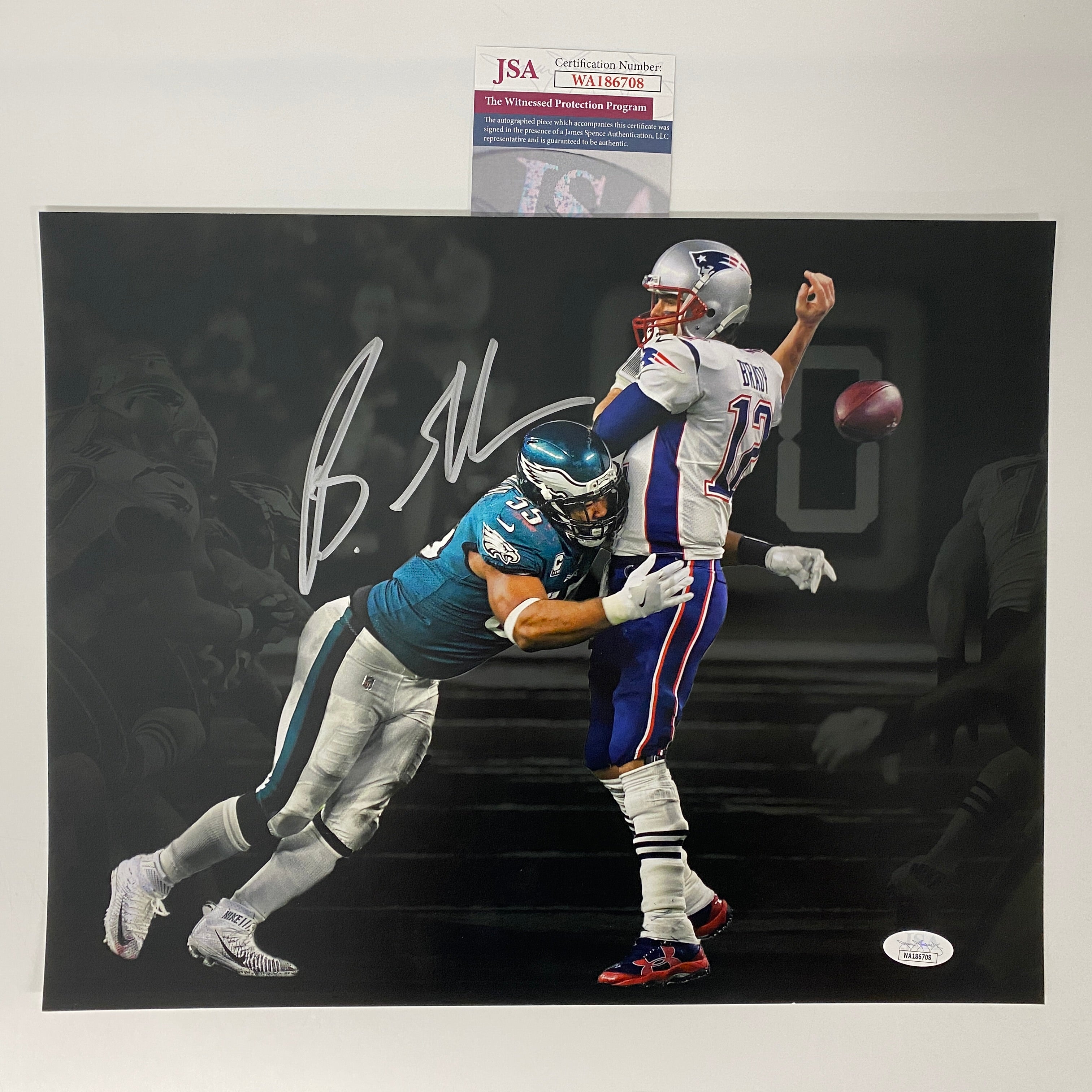 autographed-signed-brandon-graham-philadelphia-eagles-spotlight-game-winning-strip-sack-fumble-vs-tom-brady-super-bowl-lii-52-champions-11x14-football-photo-jsa-coa