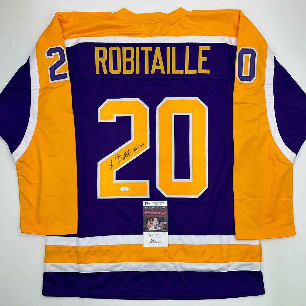 autographed-signed-luc-robitaille-hof-09-los-angeles-la-purple-hockey-jersey-jsa-coa