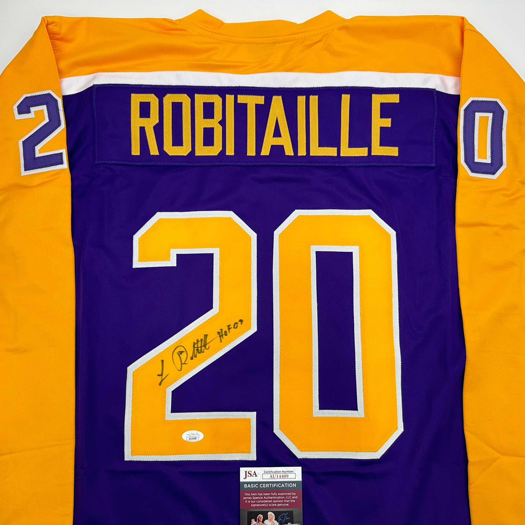 autographed-signed-luc-robitaille-hof-09-los-angeles-la-purple-hockey-jersey-jsa-coa