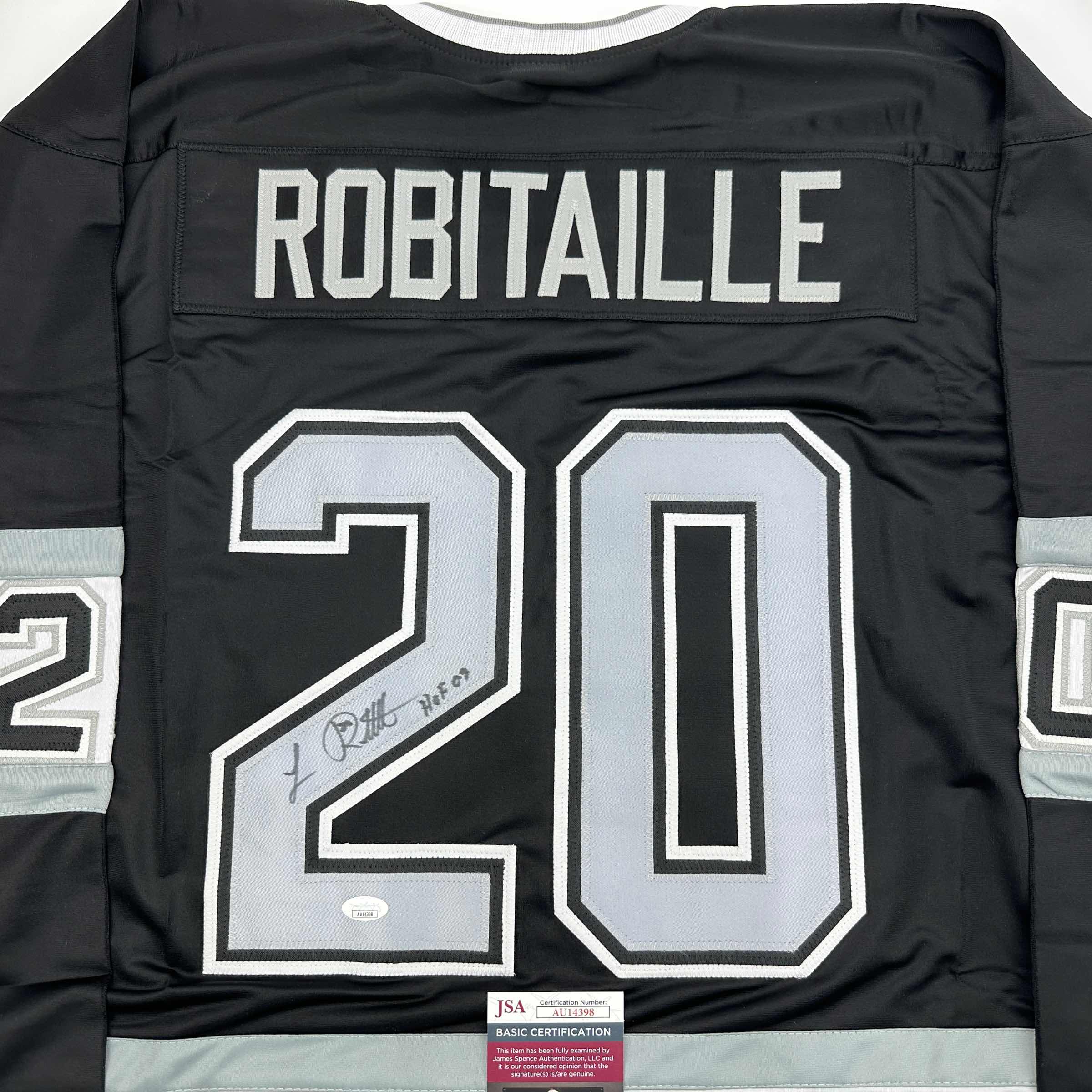 autographed-signed-luc-robitaille-hof-09-los-angeles-la-black-hockey-jersey-jsa-coa