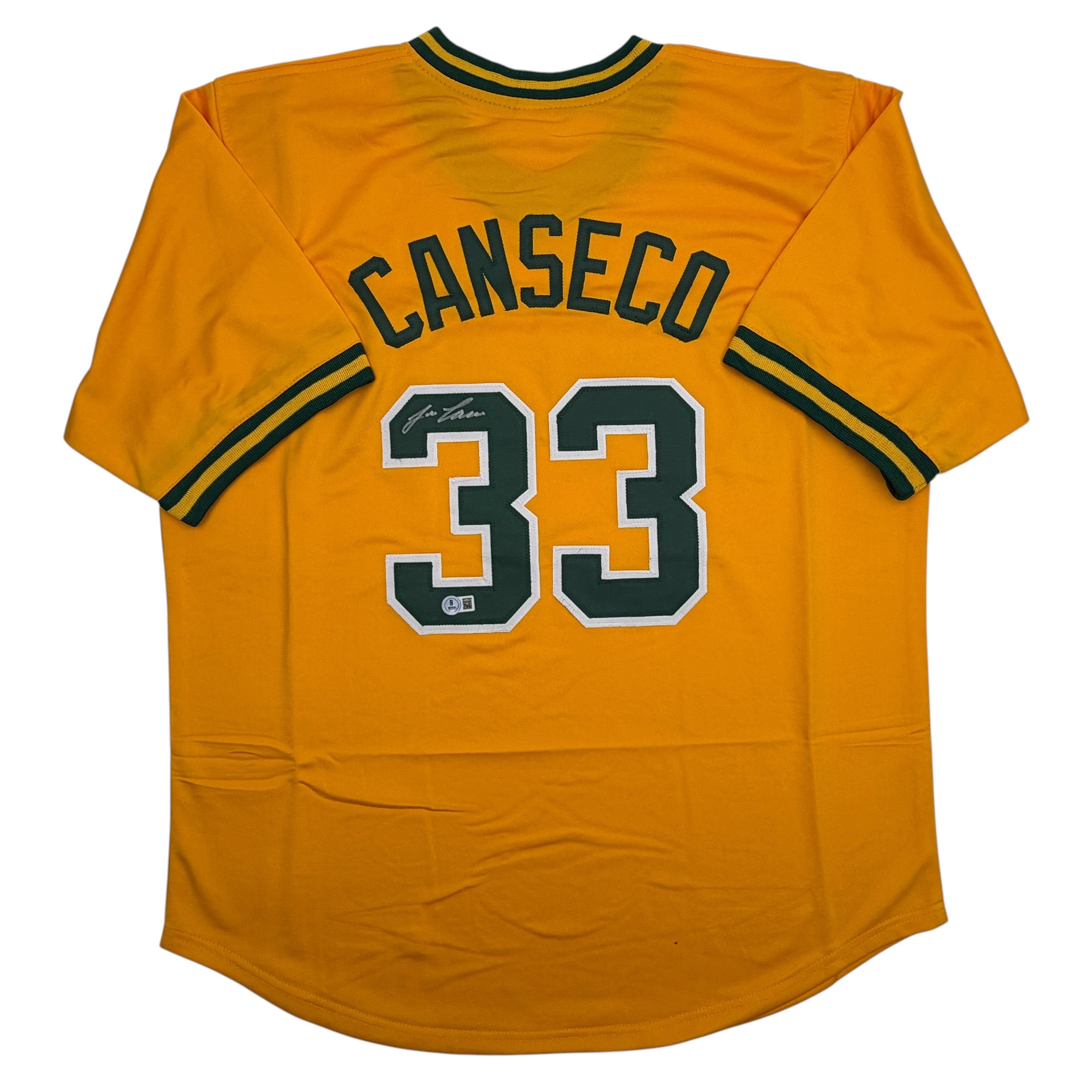 autographed-signed-jose-canseco-oakland-yellow-baseball-jersey-beckett-bas-coa