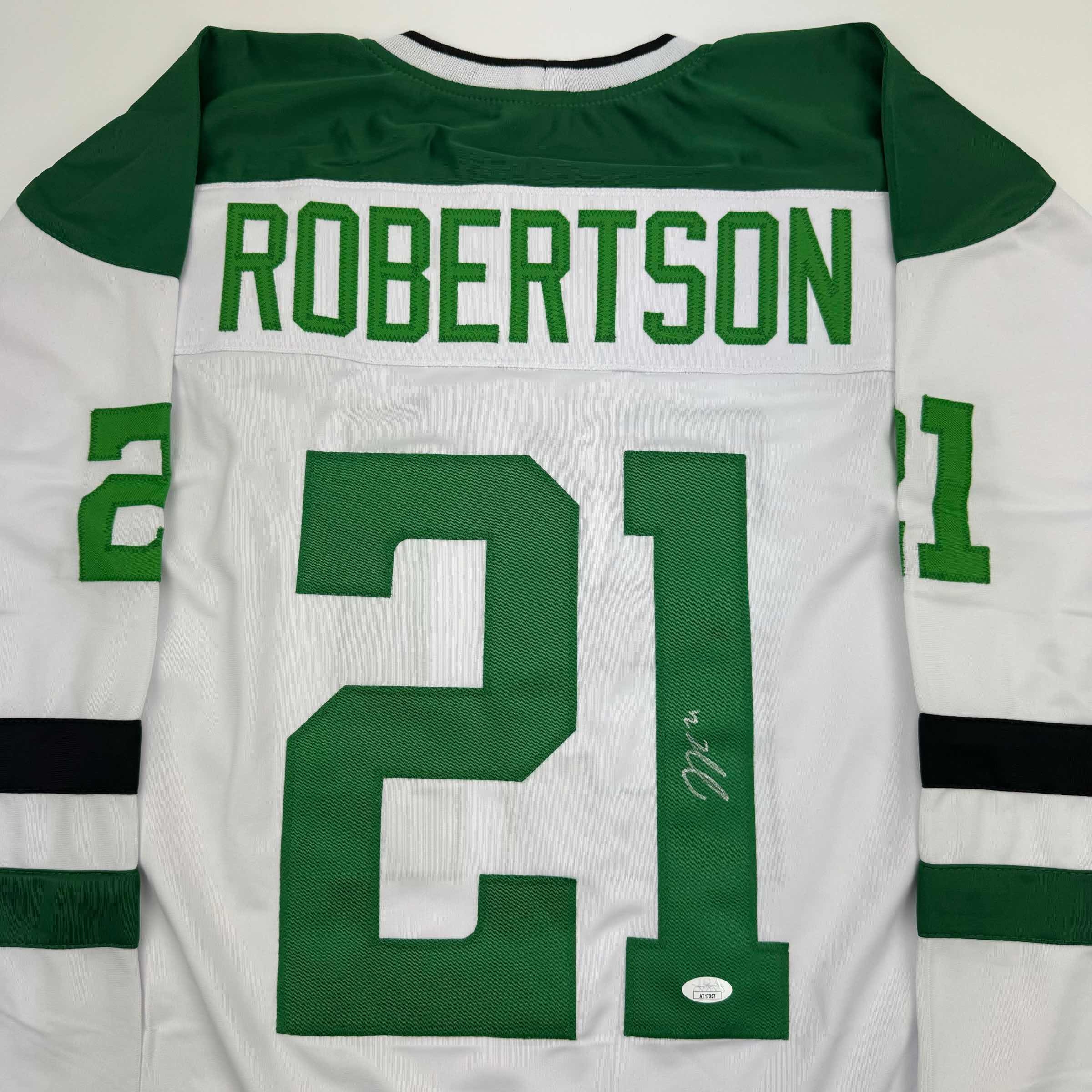 autographed-signed-jason-robertson-dallas-white-hockey-jersey-jsa-coa