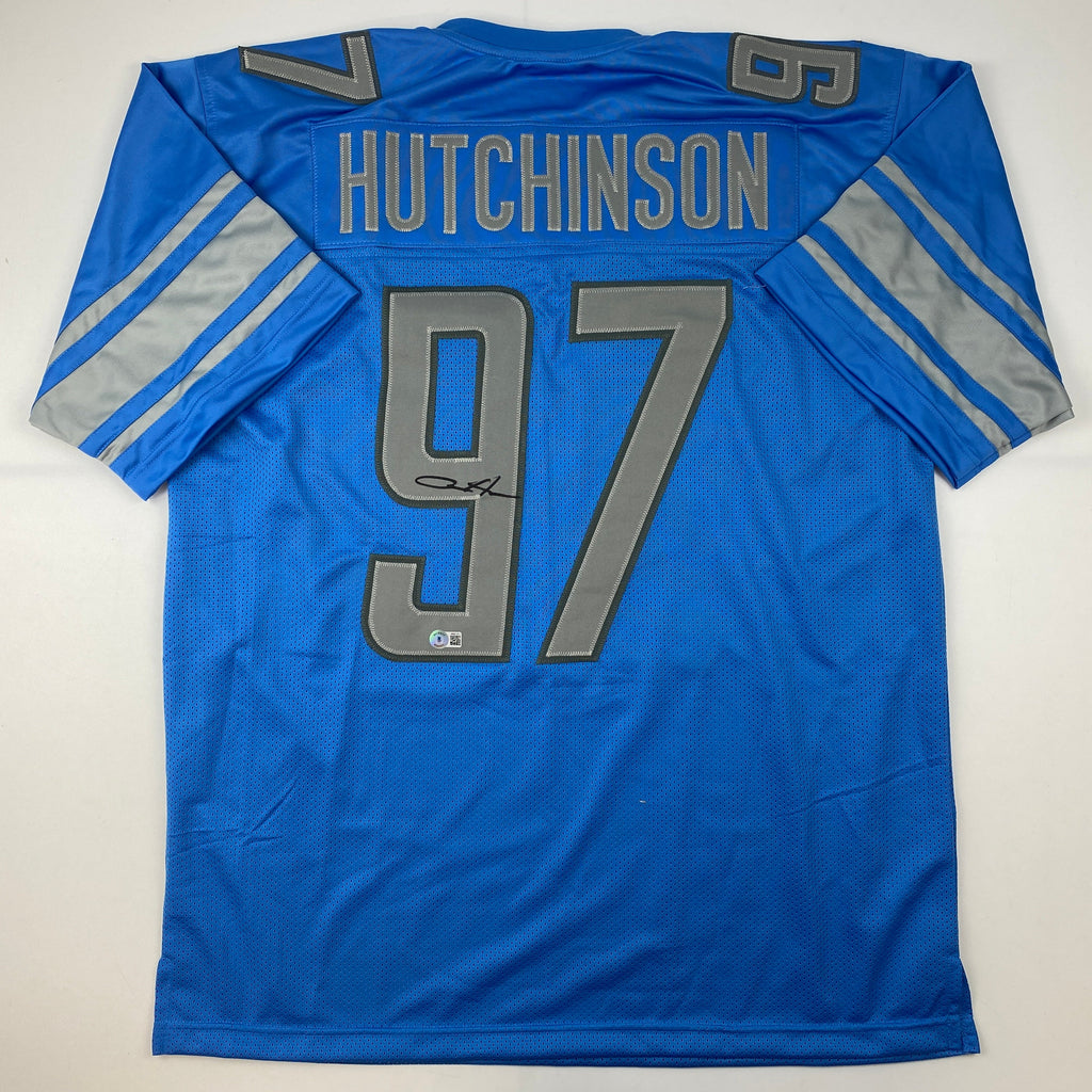 autographed-signed-aidan-hutchinson-detroit-blue-football-jersey-beckett-bas-coa