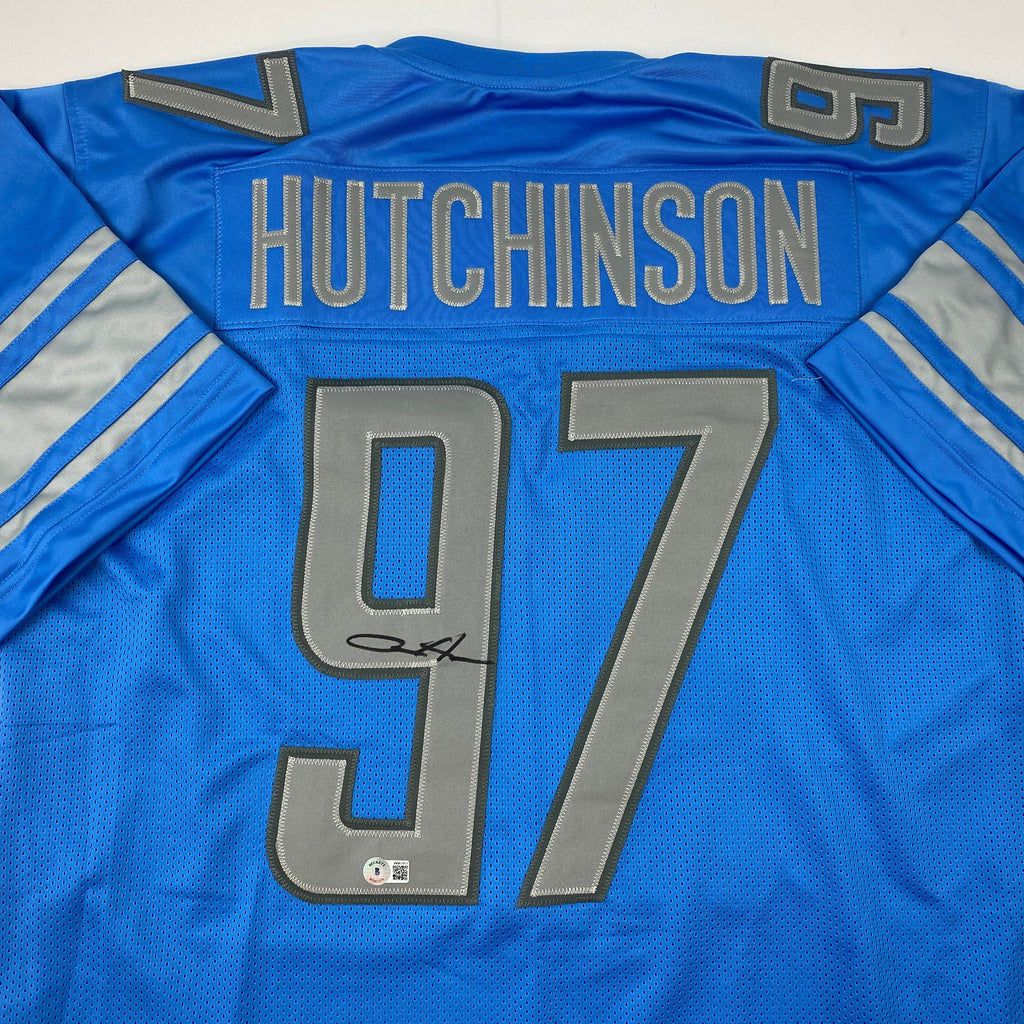 autographed-signed-aidan-hutchinson-detroit-blue-football-jersey-beckett-bas-coa