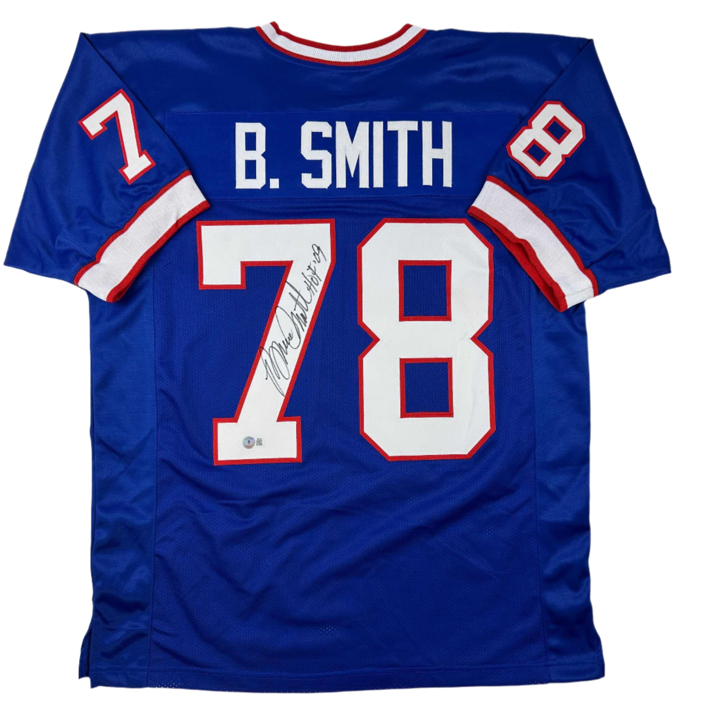 autographed-signed-bruce-smith-hof-09-buffalo-blue-football-jersey-beckett-bas-coa
