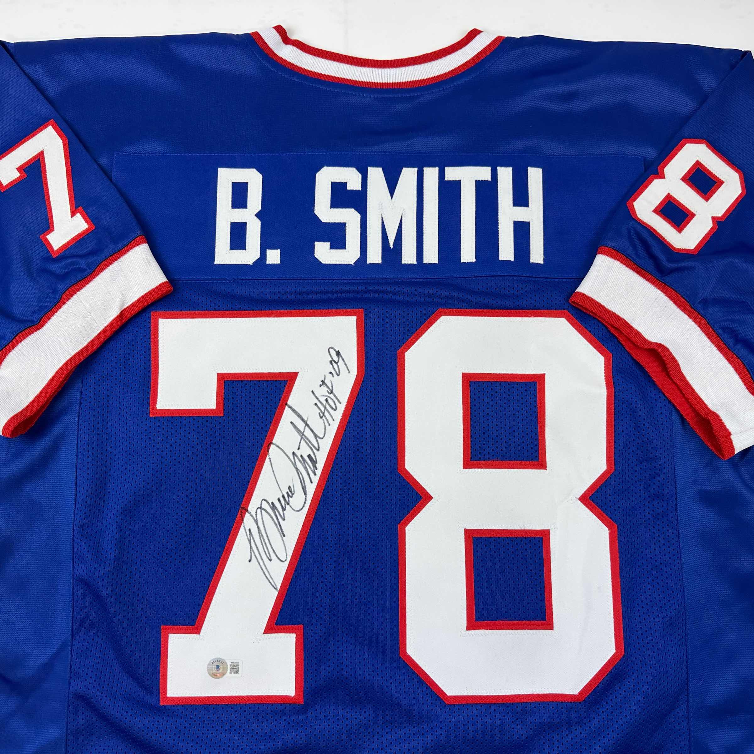 autographed-signed-bruce-smith-hof-09-buffalo-blue-football-jersey-beckett-bas-coa