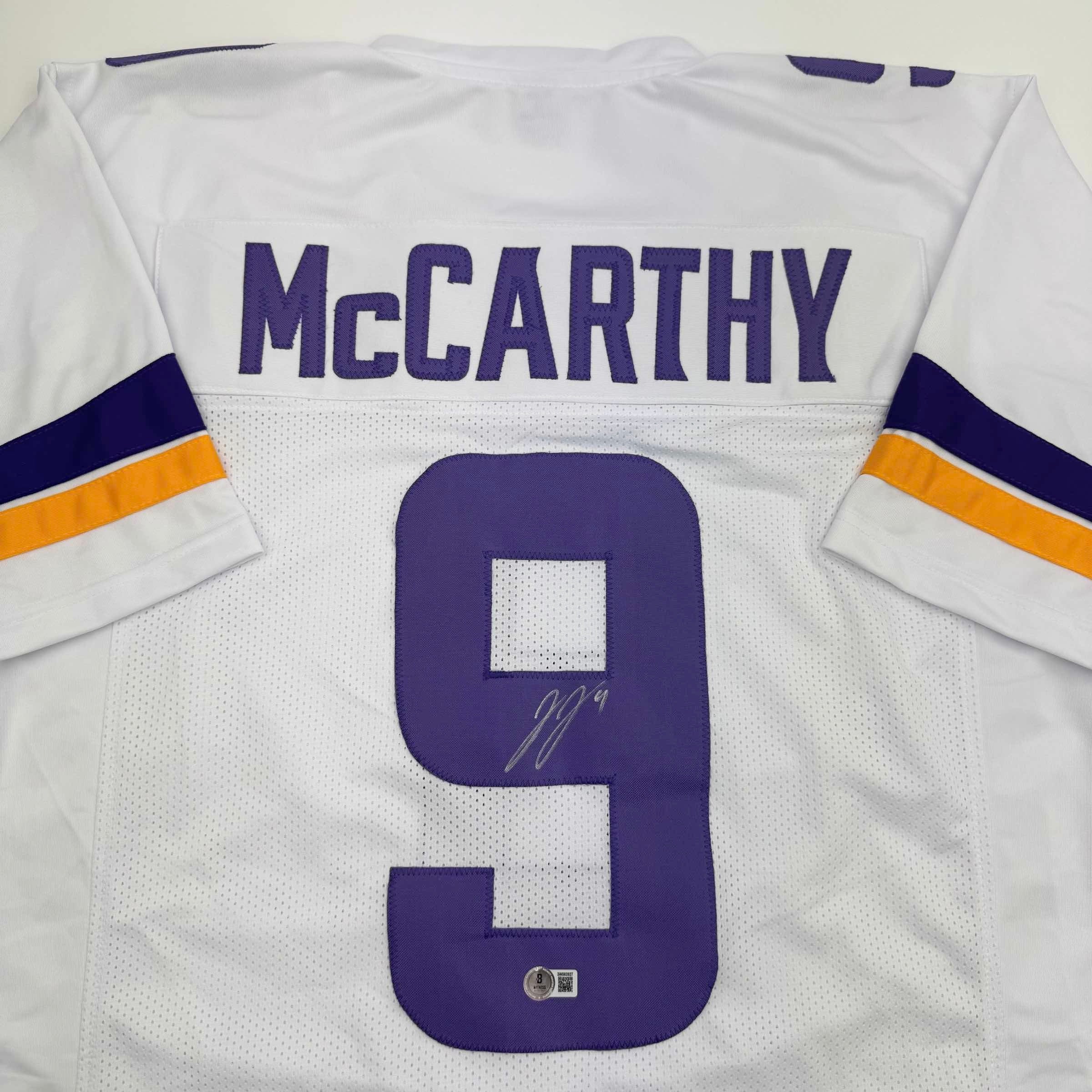 autographed-signed-j-j-jj-mccarthy-minnesota-white-football-jersey-beckett-bas-coa