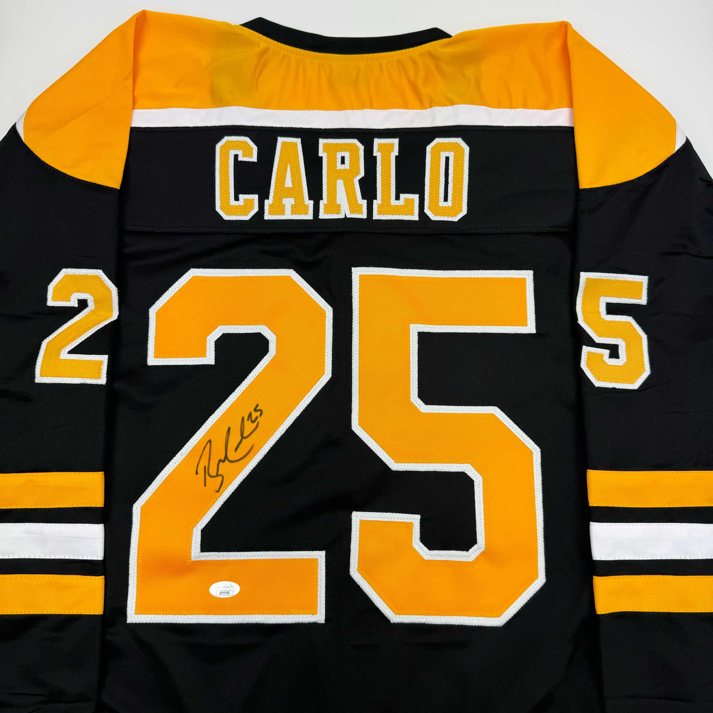 autographed-signed-brandon-carlo-boston-black-hockey-jersey-jsa-coa