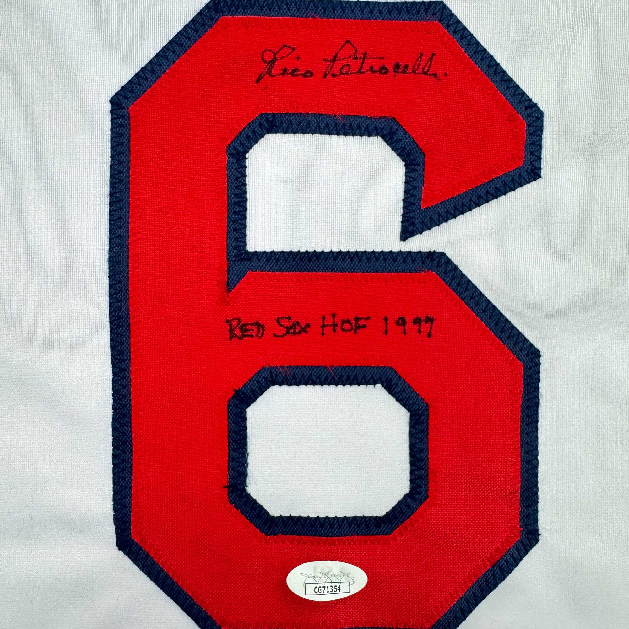 autographed-signed-rico-petrocelli-hof-1999-boston-white-baseball-jersey-jsa-coa
