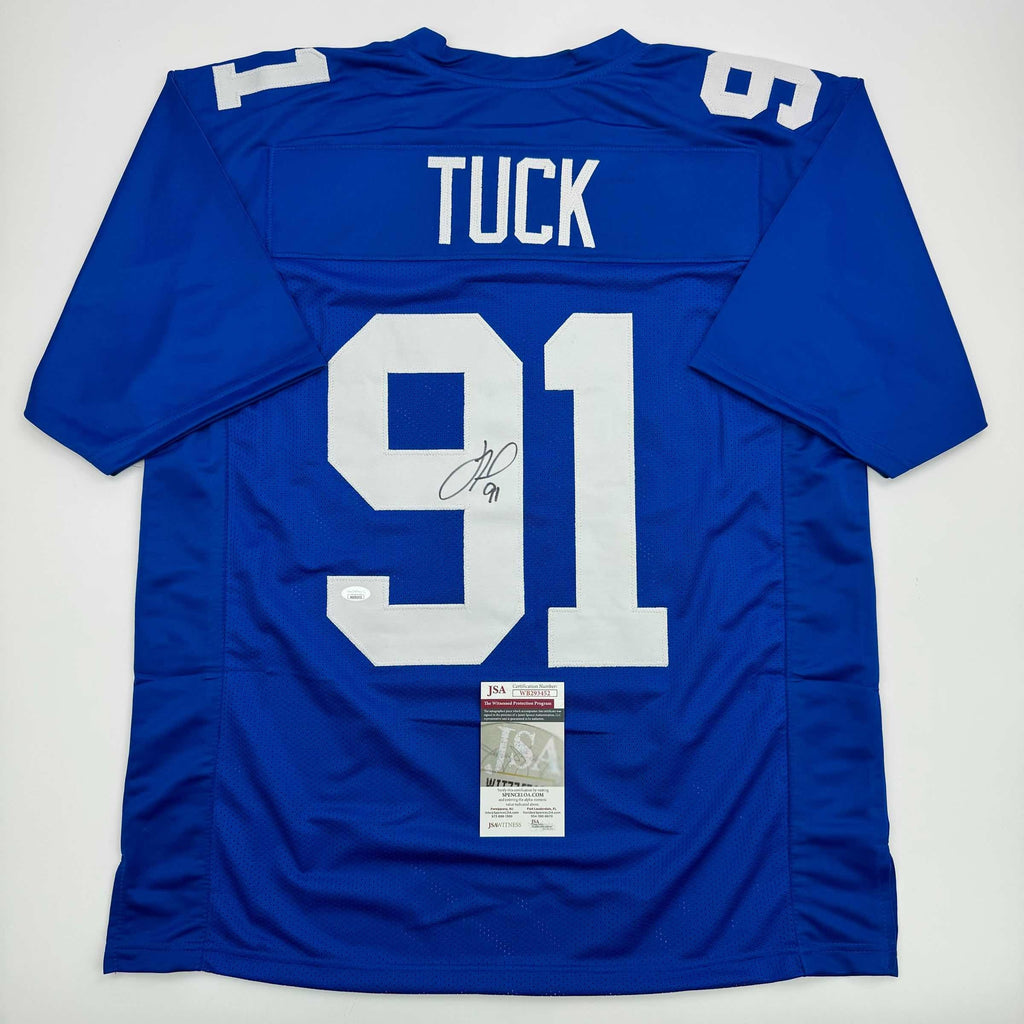 autographed-signed-justin-tuck-new-york-blue-football-jersey-jsa-coa