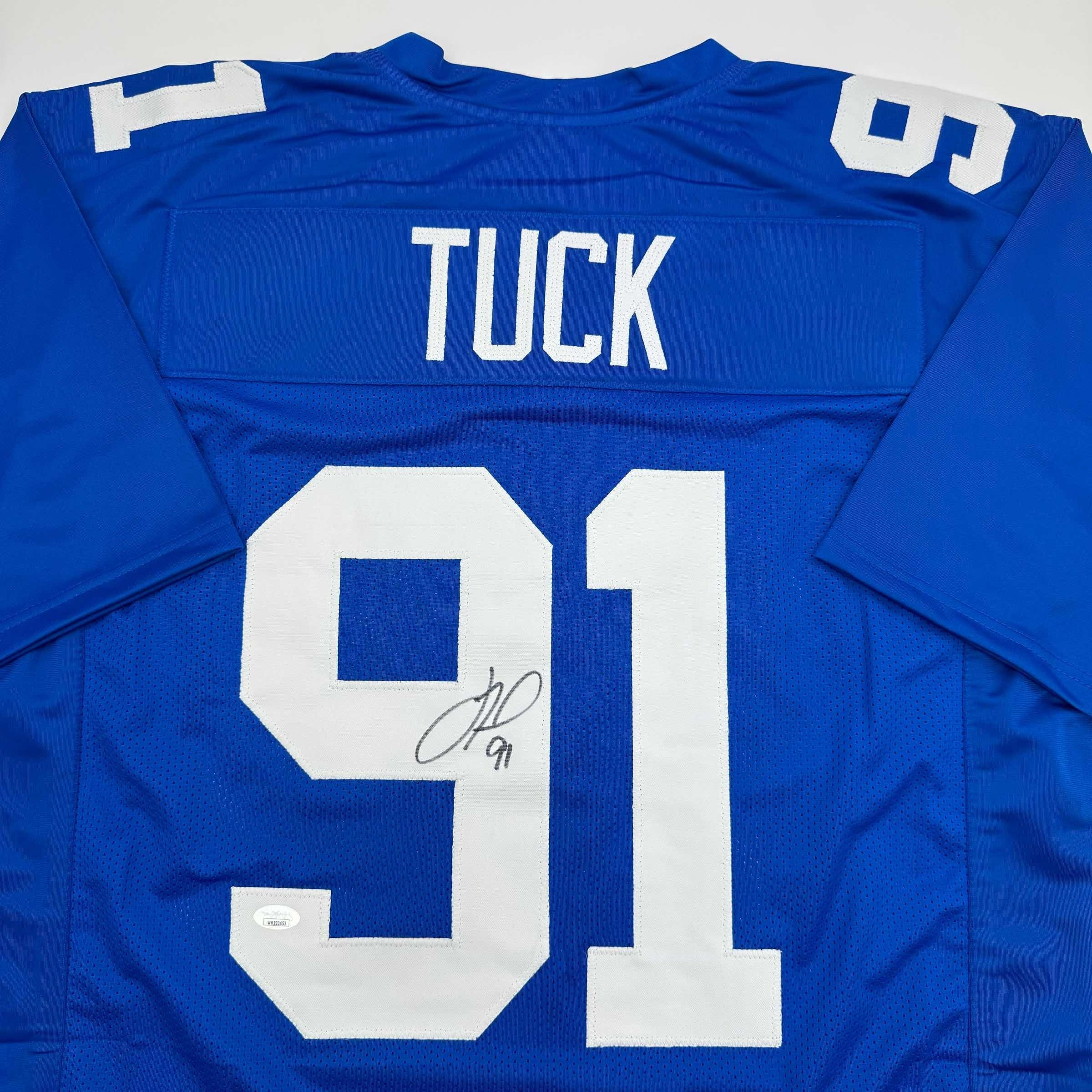 autographed-signed-justin-tuck-new-york-blue-football-jersey-jsa-coa
