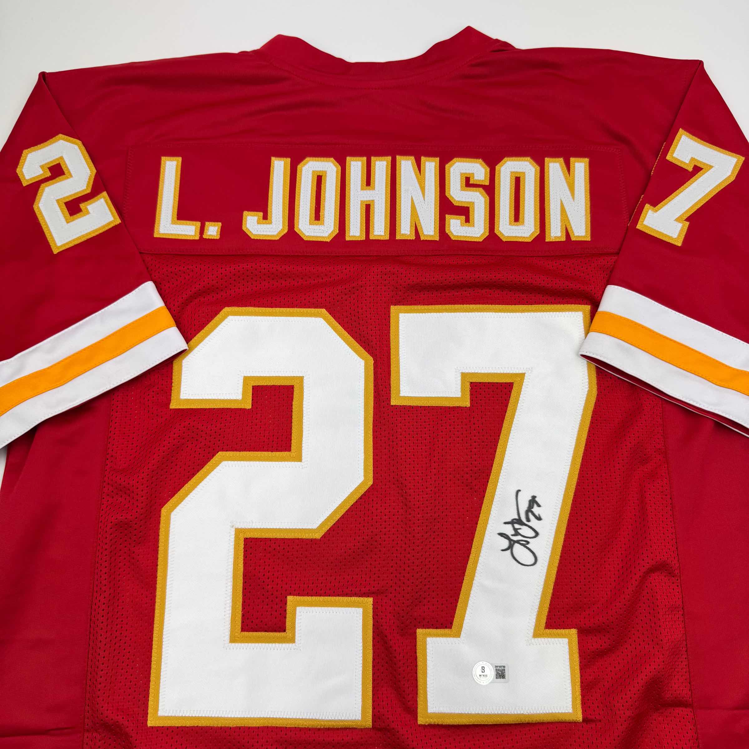autographed-signed-larry-johnson-kansas-city-red-football-jersey-beckett-bas-coa
