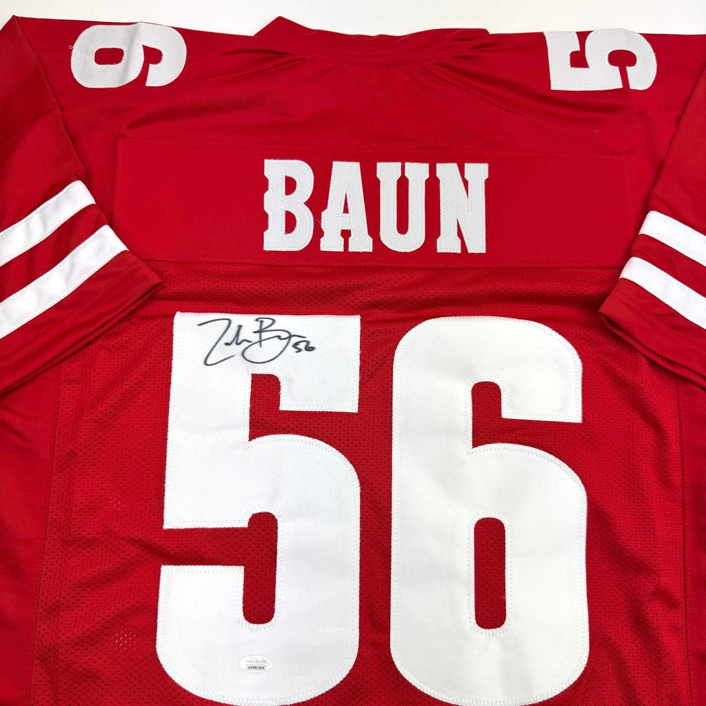 autographed-signed-zack-baun-wisconsin-red-college-football-jersey-jsa-coa