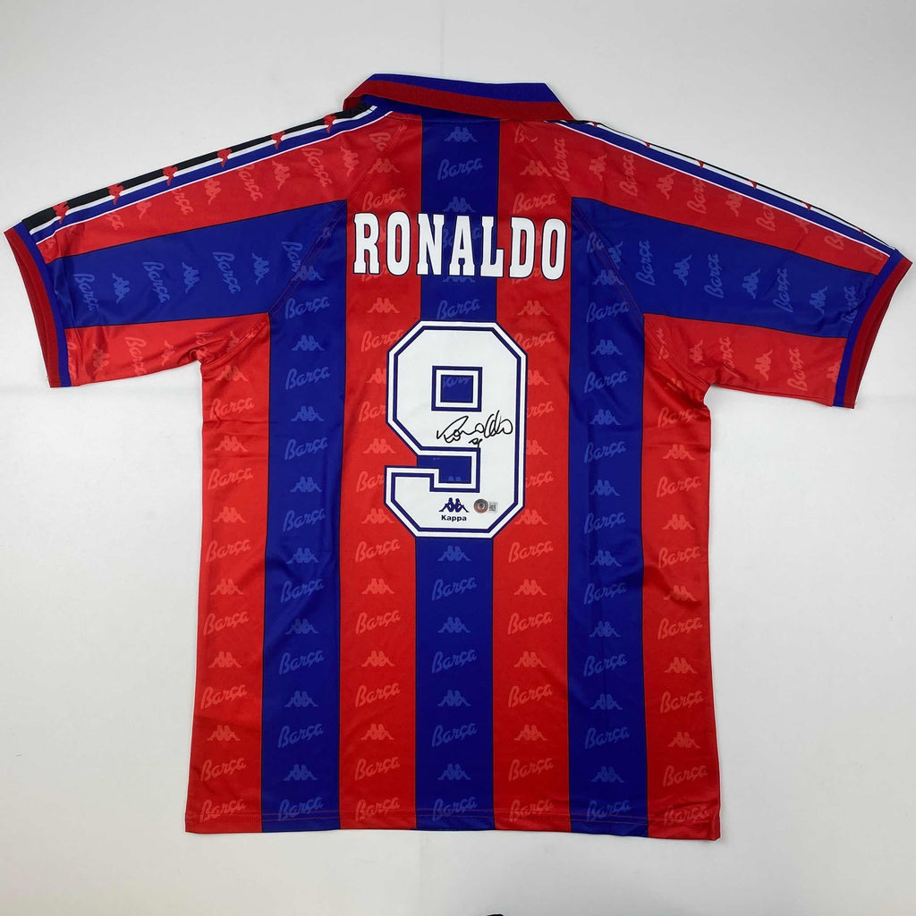 autographed-signed-ronaldo-nazario-fc-barcelona-red-blue-soccer-jersey-beckett-bas-coa
