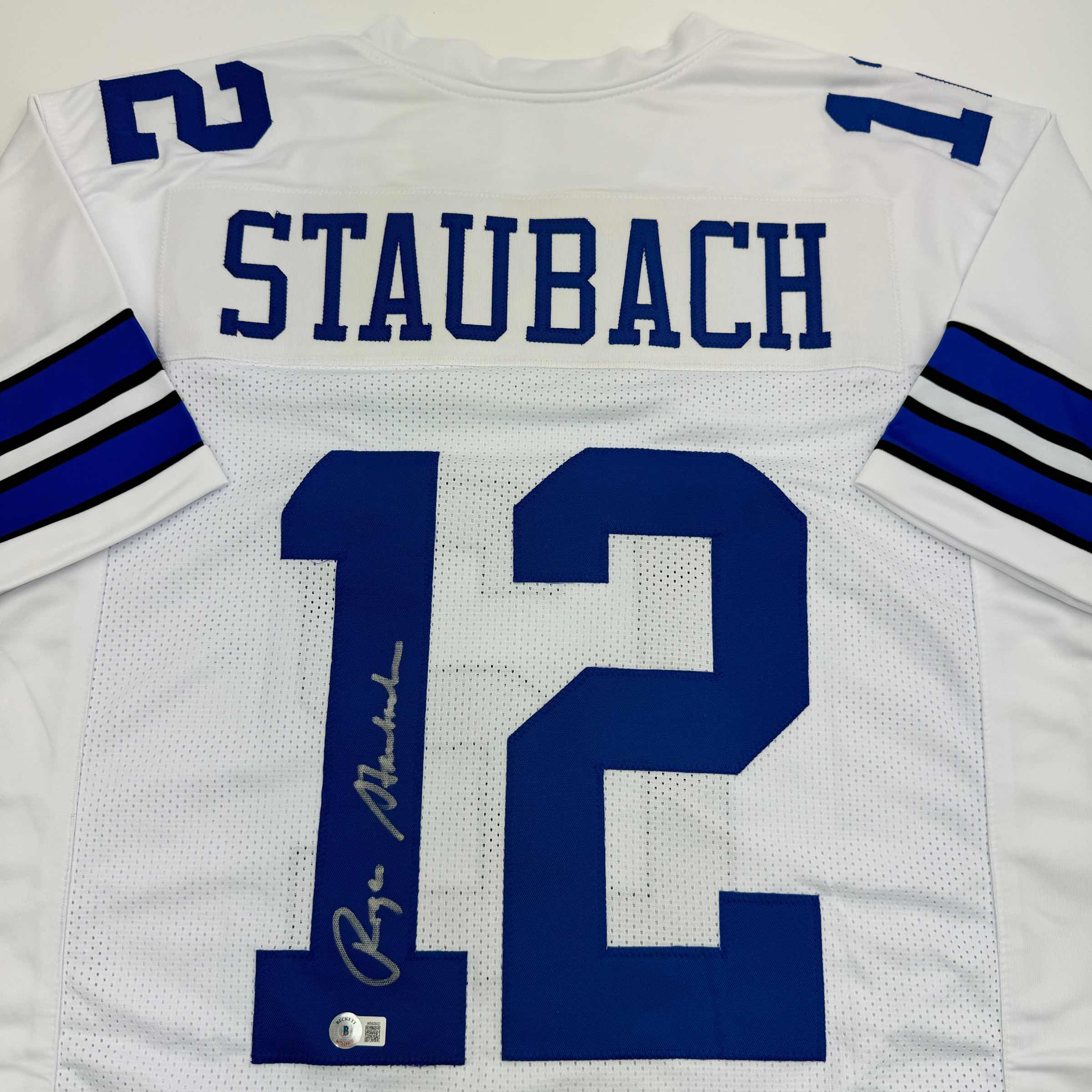 autographed-signed-roger-staubach-dallas-white-football-jersey-beckett-bas-coa