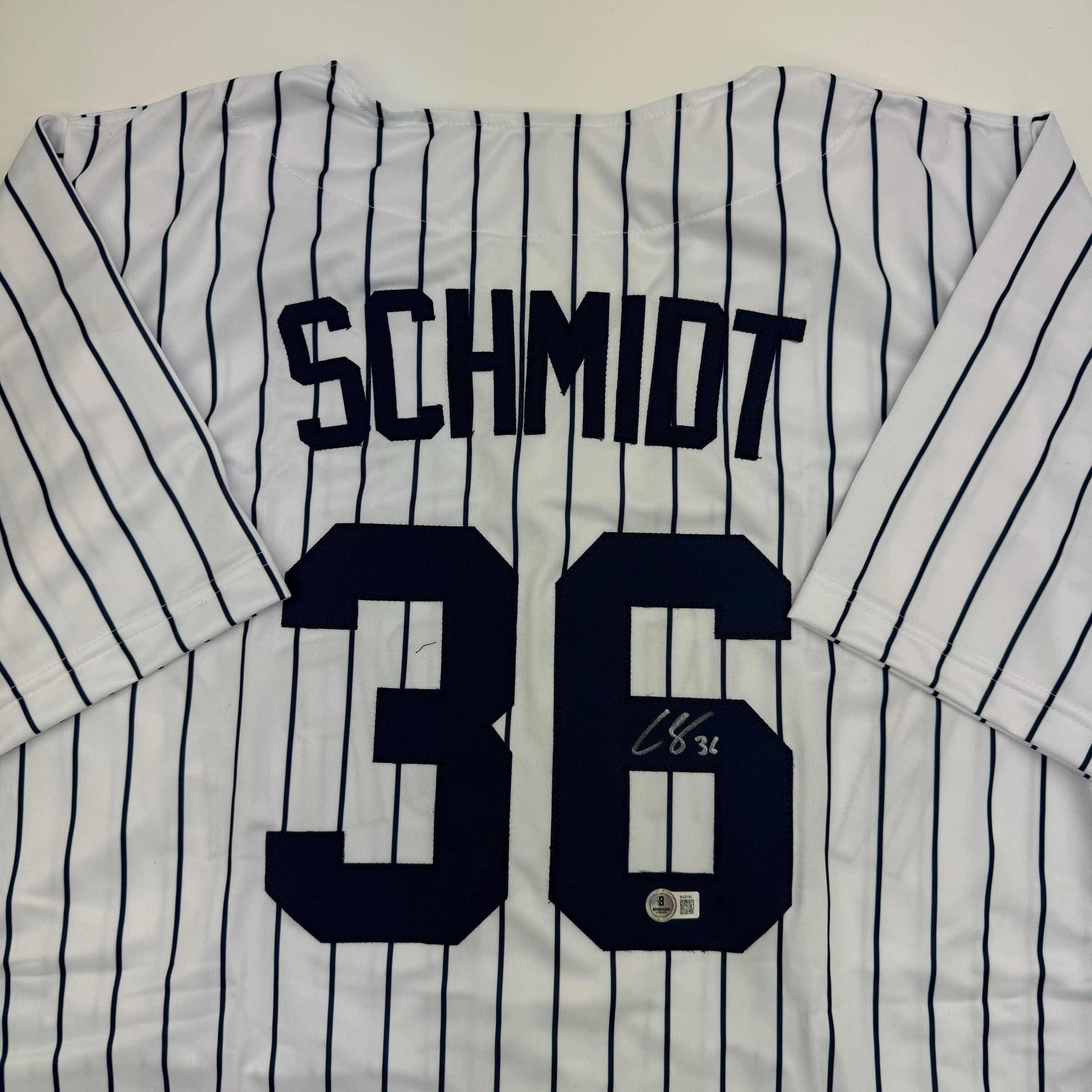 autographed-signed-clarke-schmidt-new-york-pinstripe-baseball-jersey-beckett-bas-coa