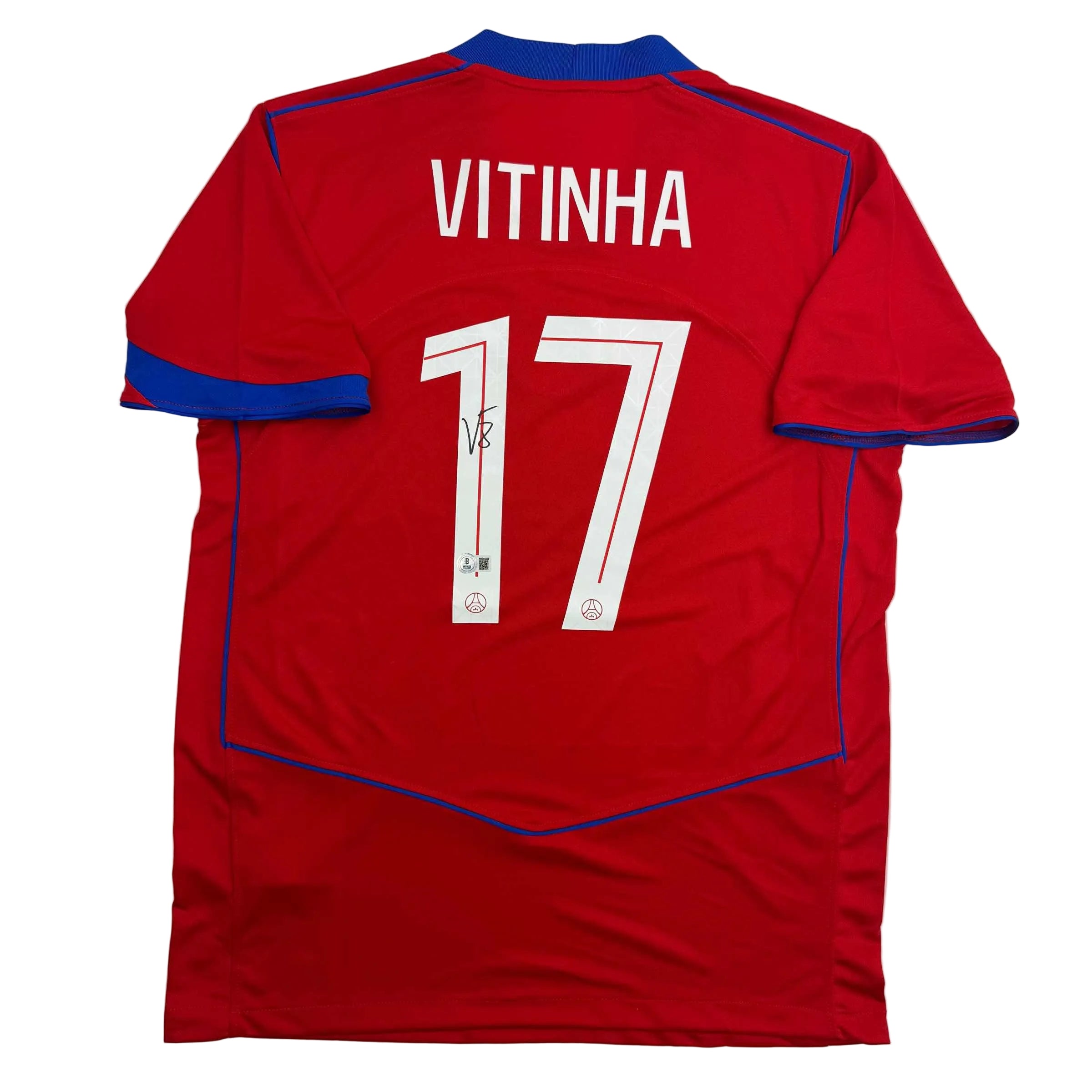 autographed-signed-vitinha-psg-paris-saint-germain-red-soccer-futbol-jersey-beckett-bas-coa
