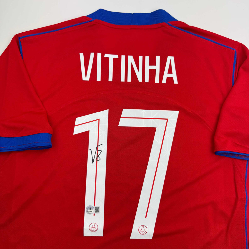 autographed-signed-vitinha-psg-paris-saint-germain-red-soccer-futbol-jersey-beckett-bas-coa