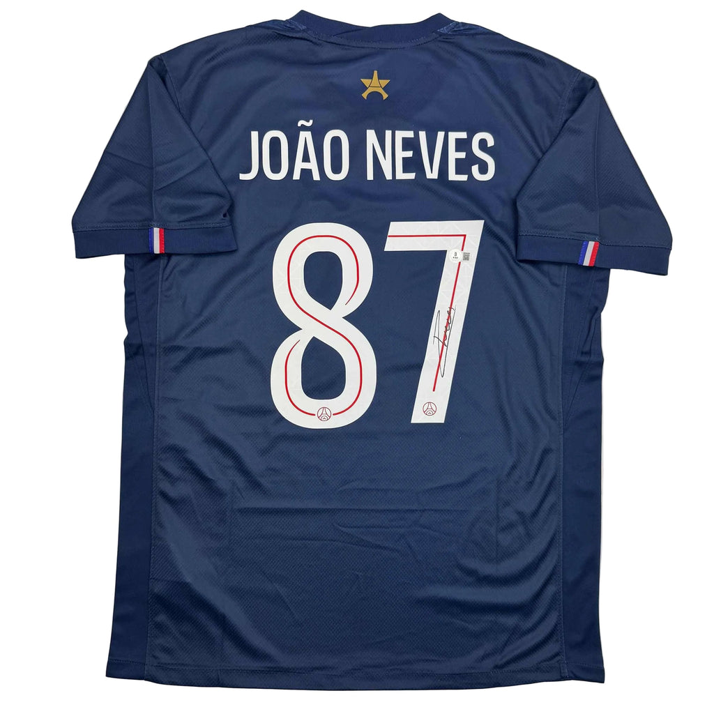 autographed-signed-joao-neves-psg-paris-saint-germain-blue-soccer-futbol-jersey-beckett-bas-coa