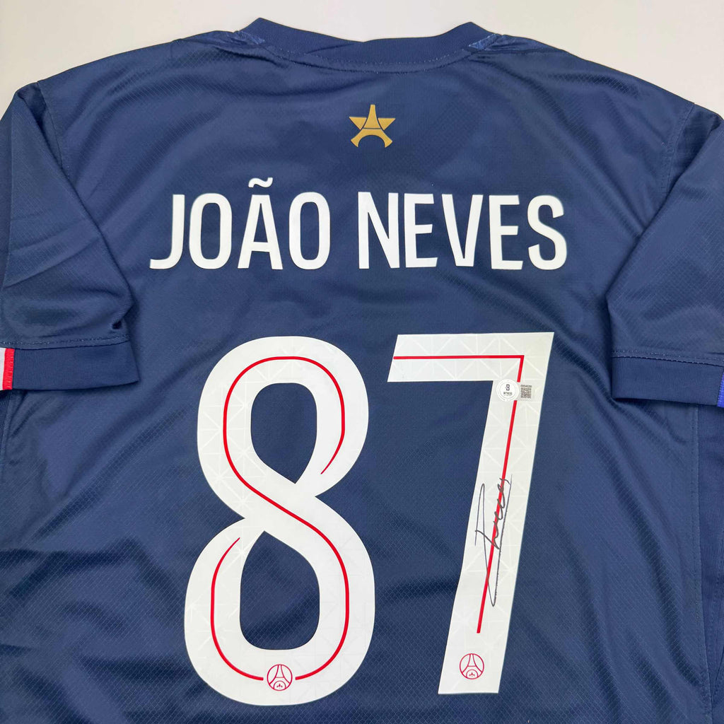 autographed-signed-joao-neves-psg-paris-saint-germain-blue-soccer-futbol-jersey-beckett-bas-coa