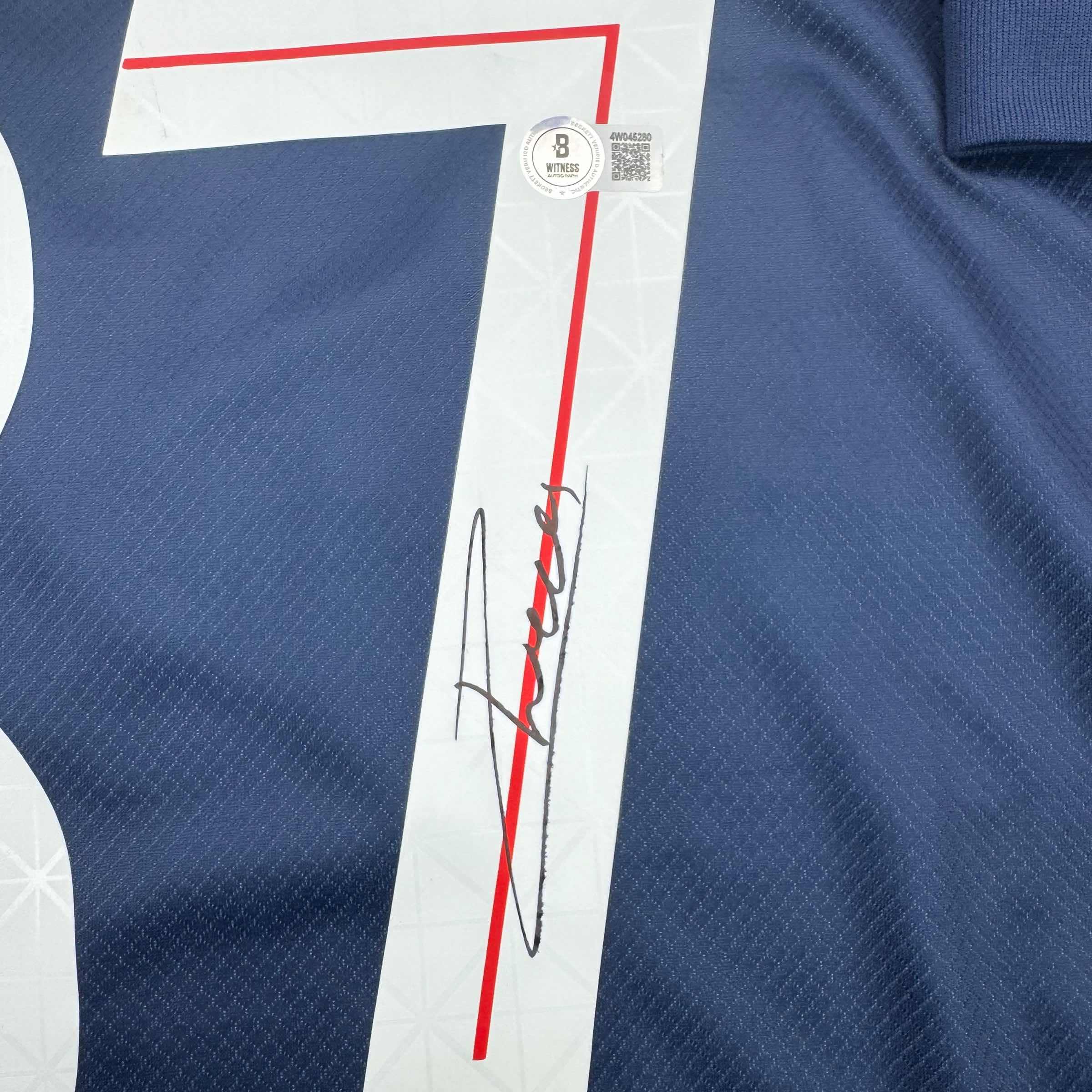 autographed-signed-joao-neves-psg-paris-saint-germain-blue-soccer-futbol-jersey-beckett-bas-coa