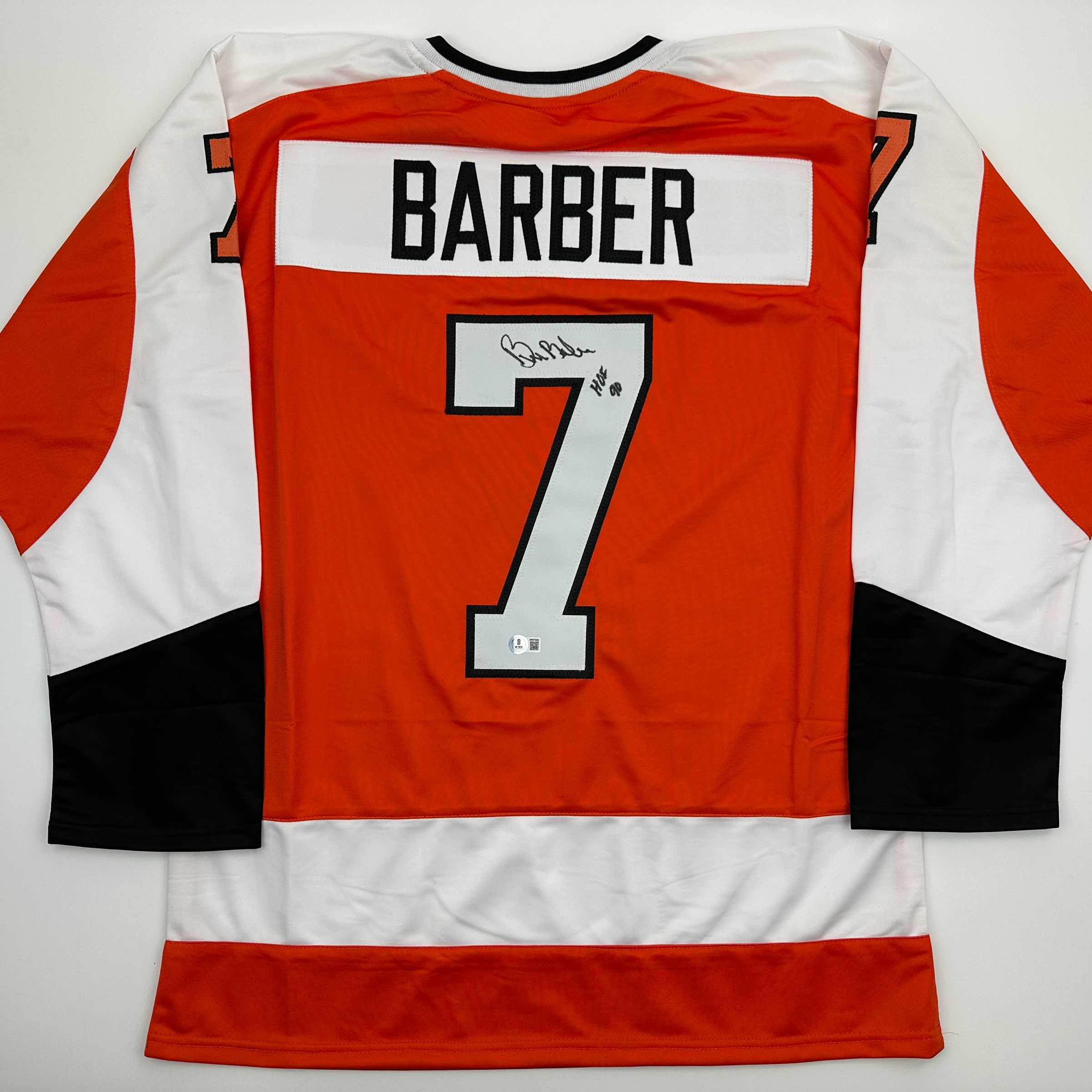 autographed-signed-bill-barber-hof-90-philadelphia-orange-hockey-jersey-beckett-bas-coa