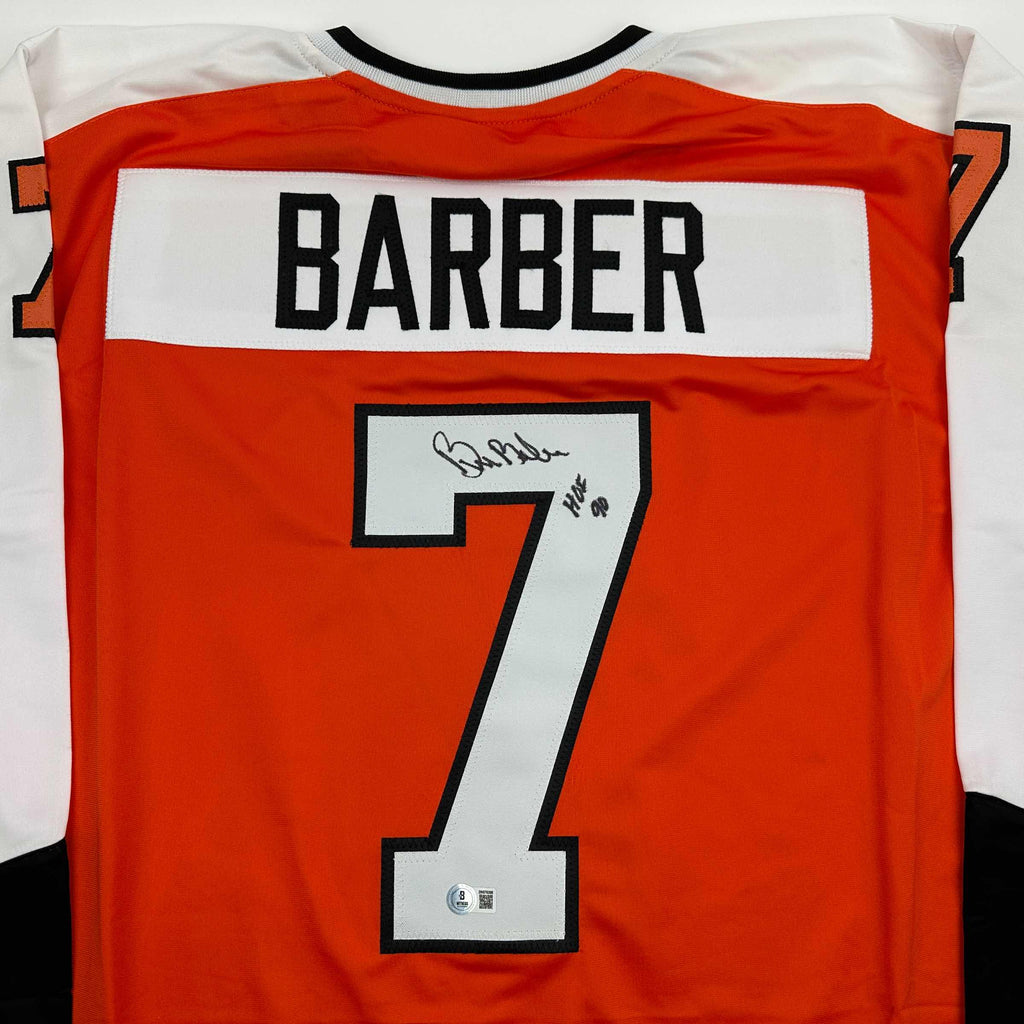 autographed-signed-bill-barber-hof-90-philadelphia-orange-hockey-jersey-beckett-bas-coa
