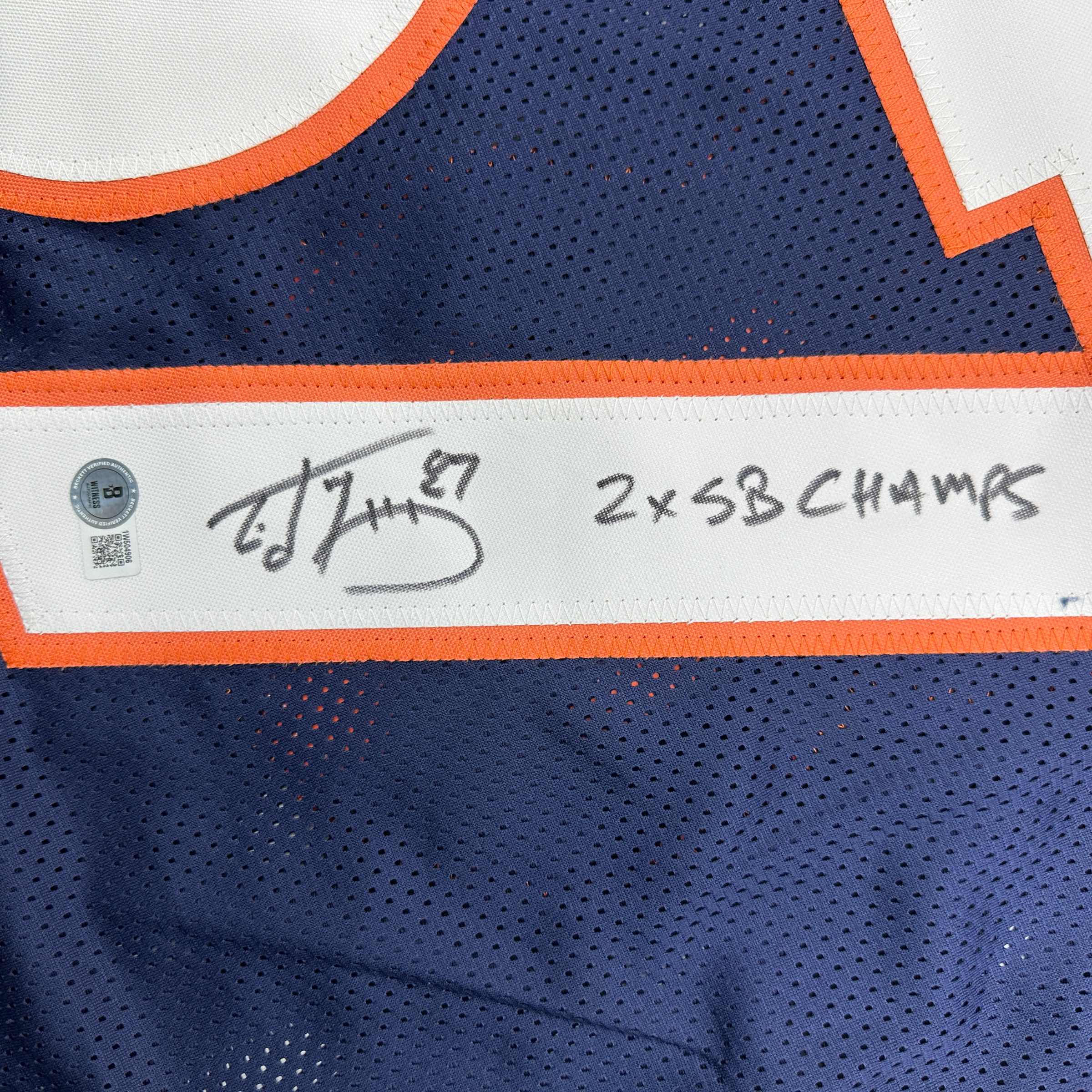 autographed-signed-ed-mccaffrey-2x-sb-champs-denver-blue-football-jersey-beckett-bas-coa