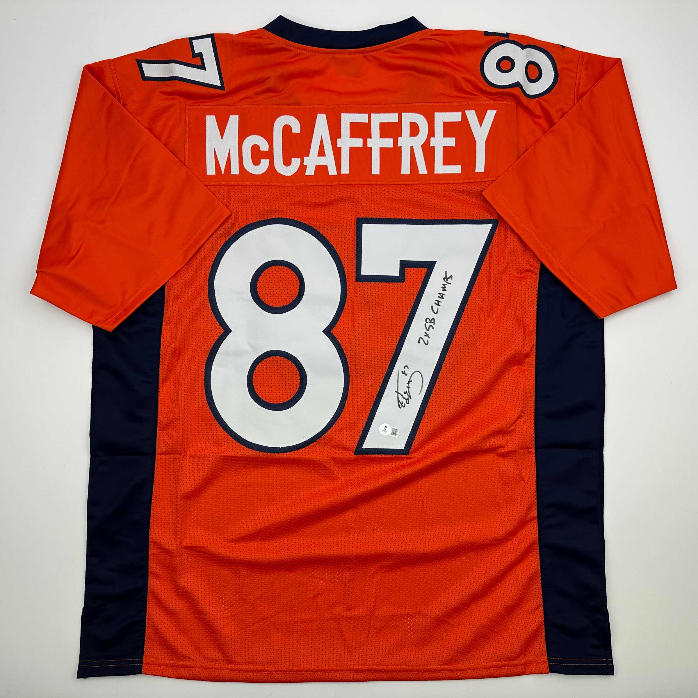 autographed-signed-ed-mccaffrey-2x-sb-champs-denver-orange-football-jersey-beckett-bas-coa