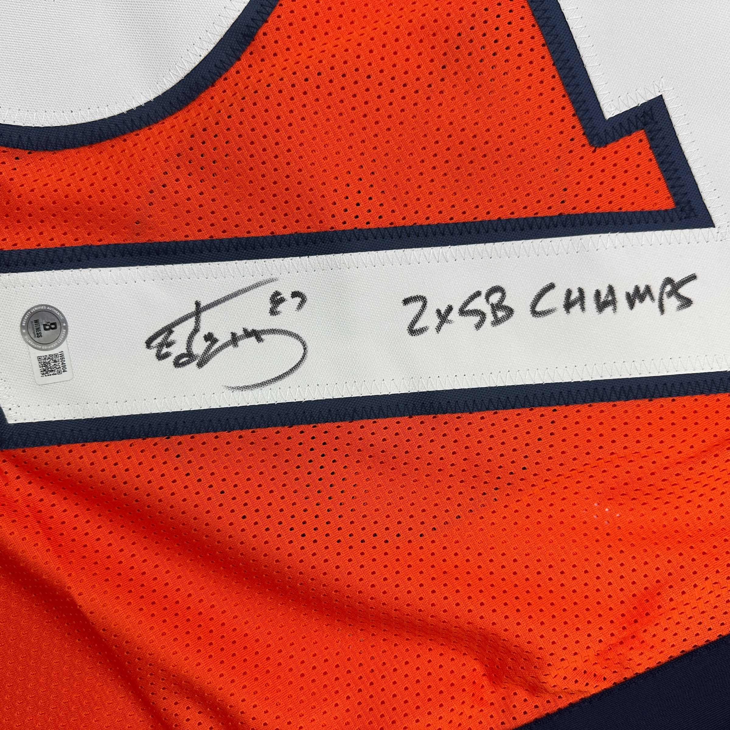 autographed-signed-ed-mccaffrey-2x-sb-champs-denver-orange-football-jersey-beckett-bas-coa