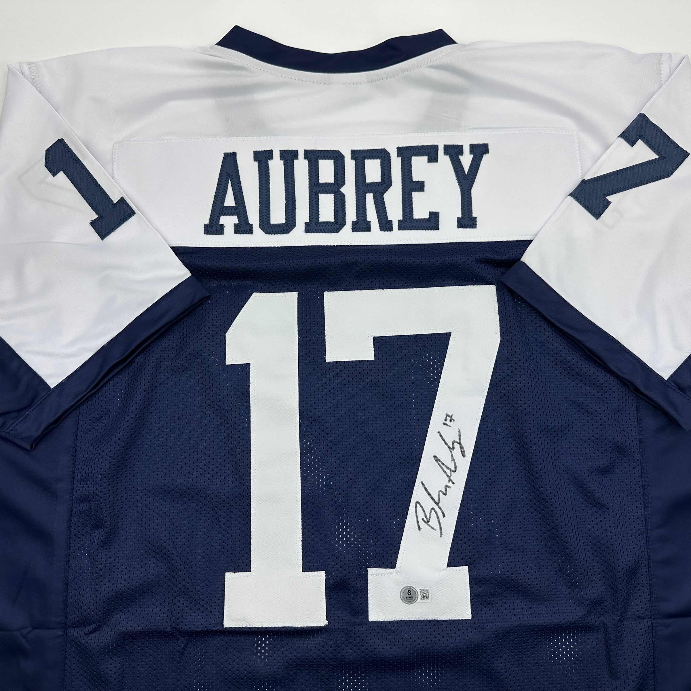 autographed-signed-brandon-aubrey-dallas-thanksgiving-day-football-jersey-beckett-bas-coa