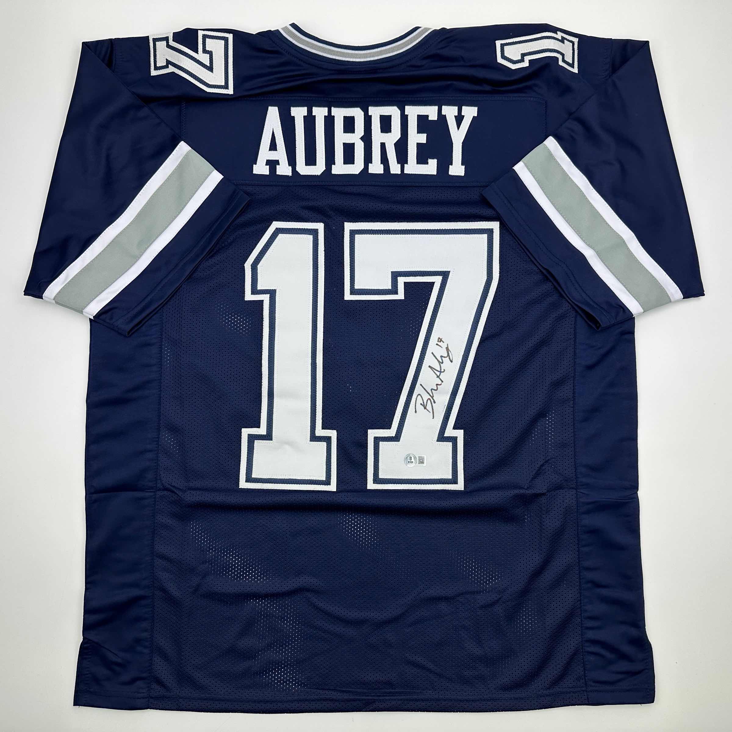 autographed-signed-brandon-aubrey-dallas-blue-football-jersey-beckett-bas-coa