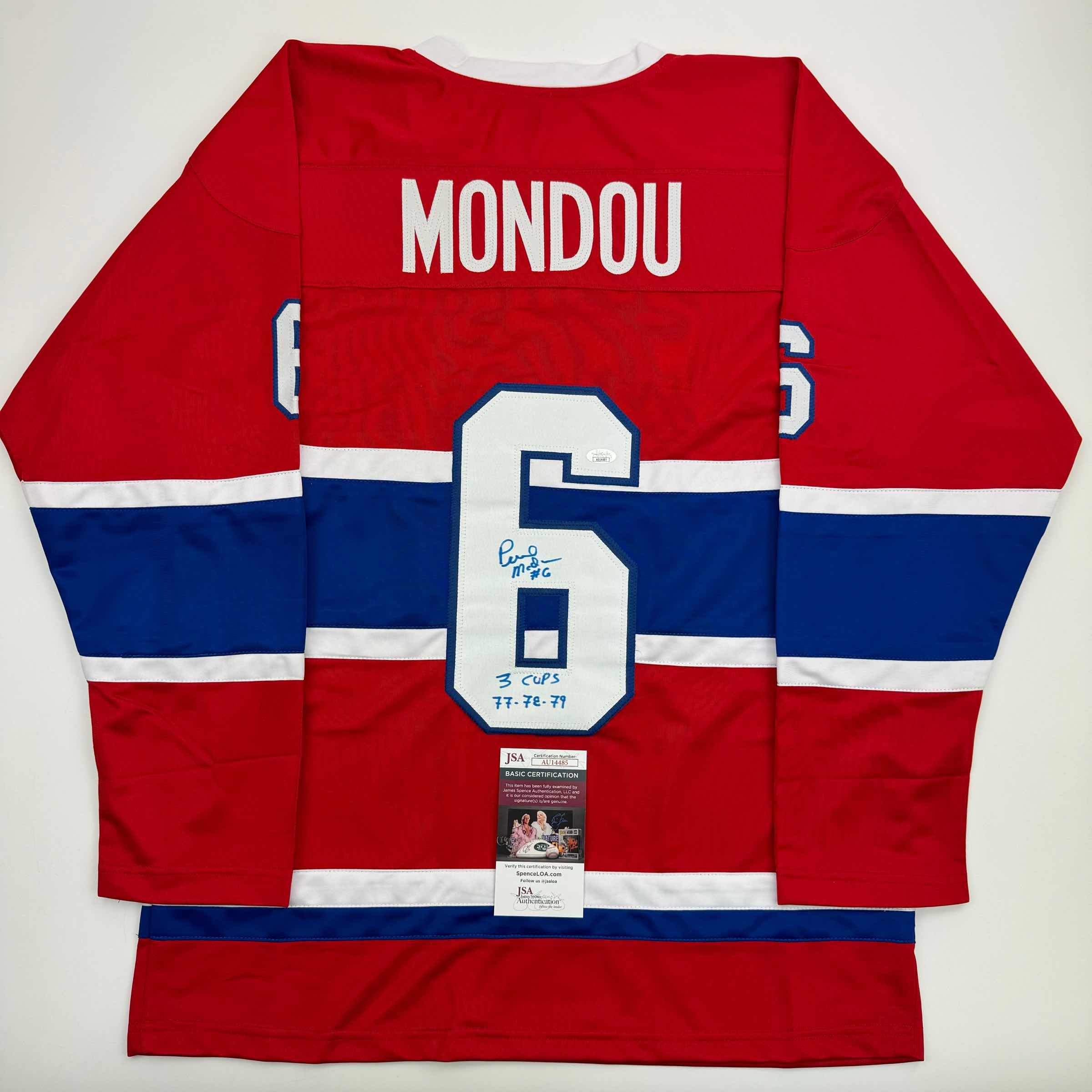 autographed-signed-pierre-mondou-3-cups-77-78-79-montreal-red-hockey-jersey-jsa-coa